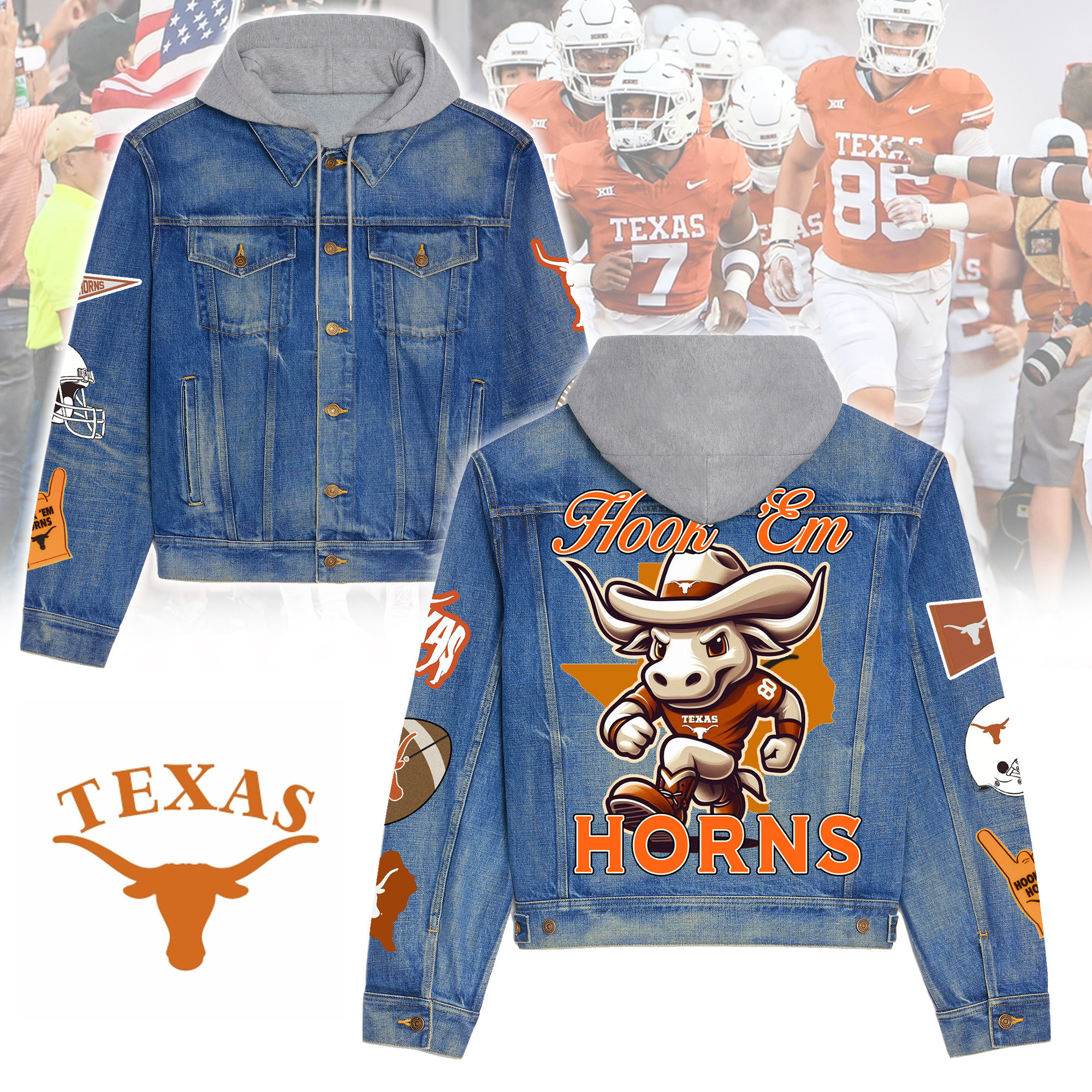 Texas Longhornspremium Hooded Denim Jacket