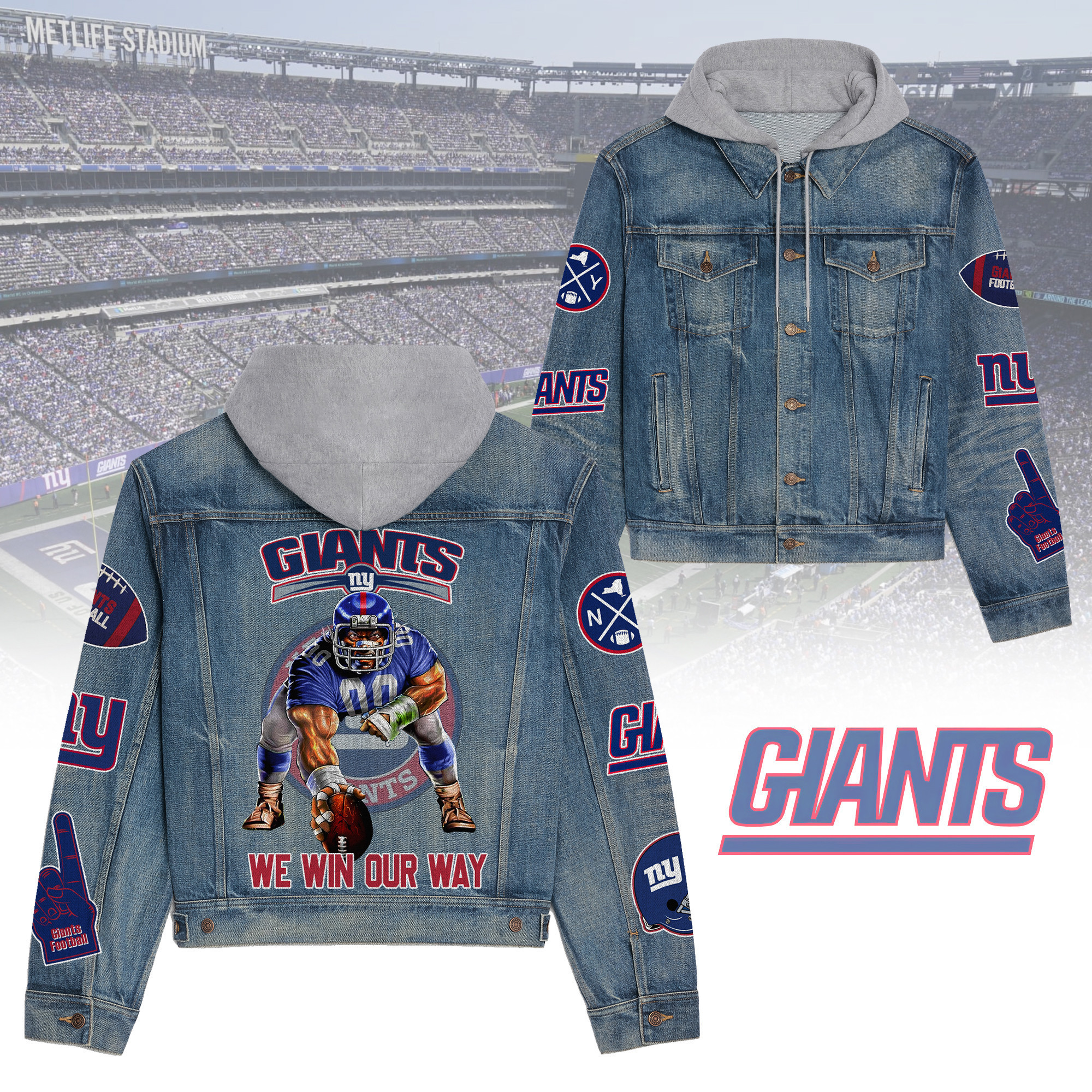 New York Giants Premium Hooded Denim Jacket  Affordable Fall Denim Jackets 2025