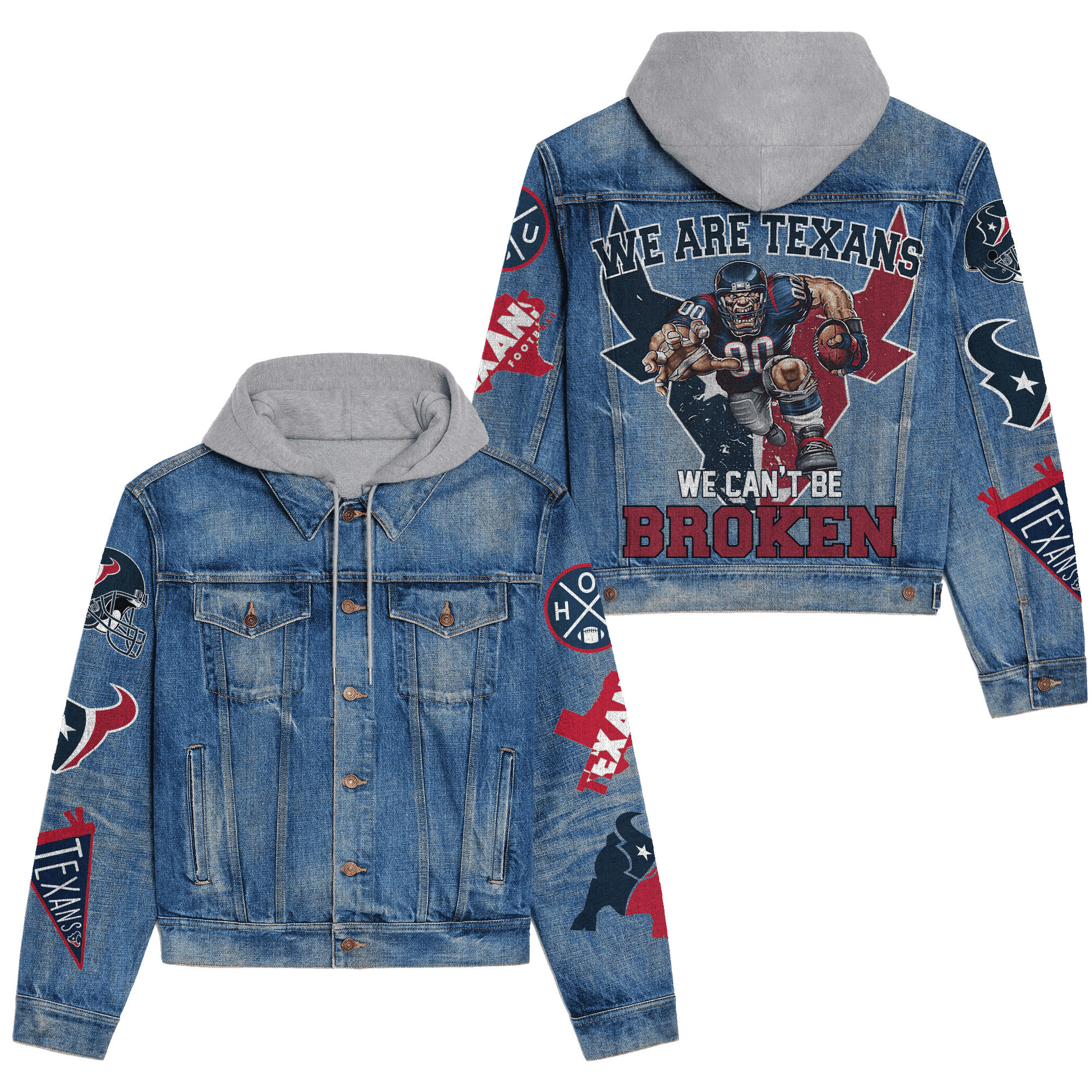 Houston Texans Premium Hooded Denim Jacket Plus Size Fall Denim Jackets