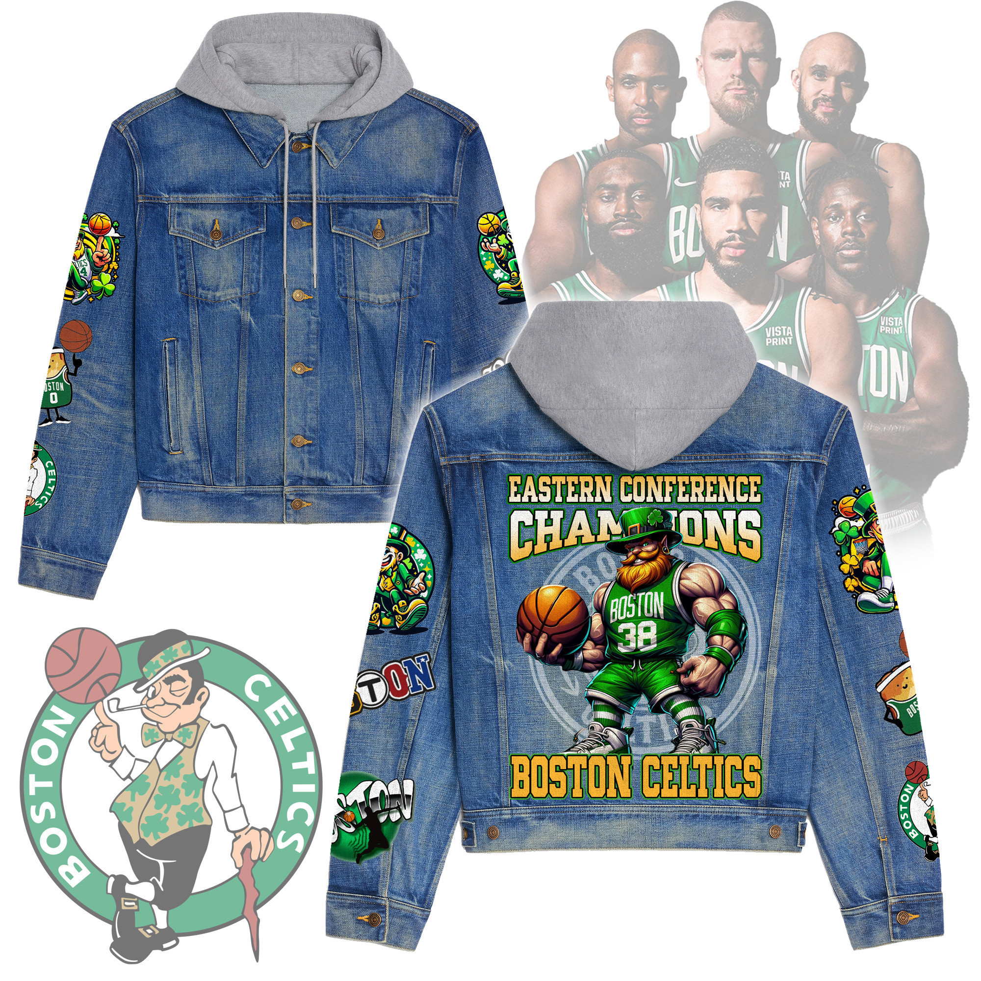 Boston Celtics Premium Hooded Denim Jacket Warm Jacket Fall Outfit For Men Women