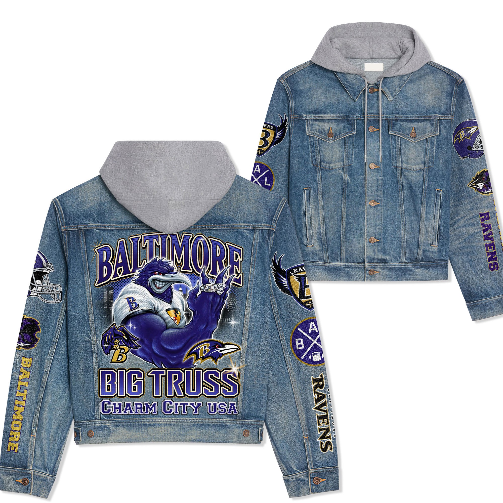 Baltimore Ravens Premium Hooded Denim Jacket Plus Size Fall Denim Jackets