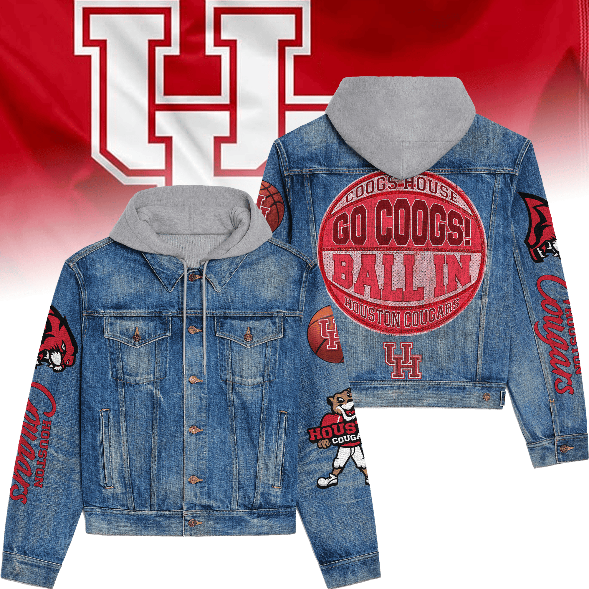 Houston Cougars Premium Hooded Denim Jacket