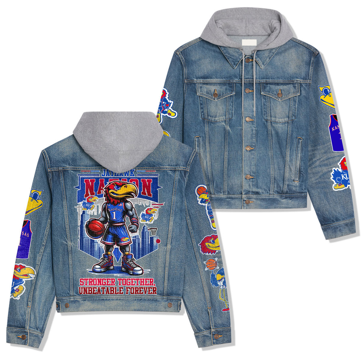 Kansas Jayhawks Premium Hooded Denim JacketOversized Streetwear Denim Jacket 2025