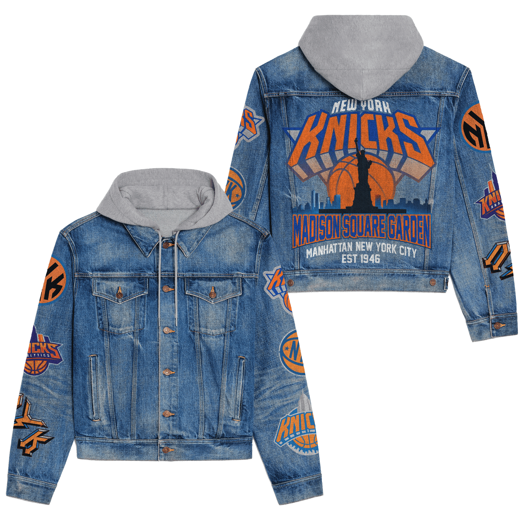 New York Knicks Premium Hooded Denim JacketOversized Streetwear Denim Jacket 2025