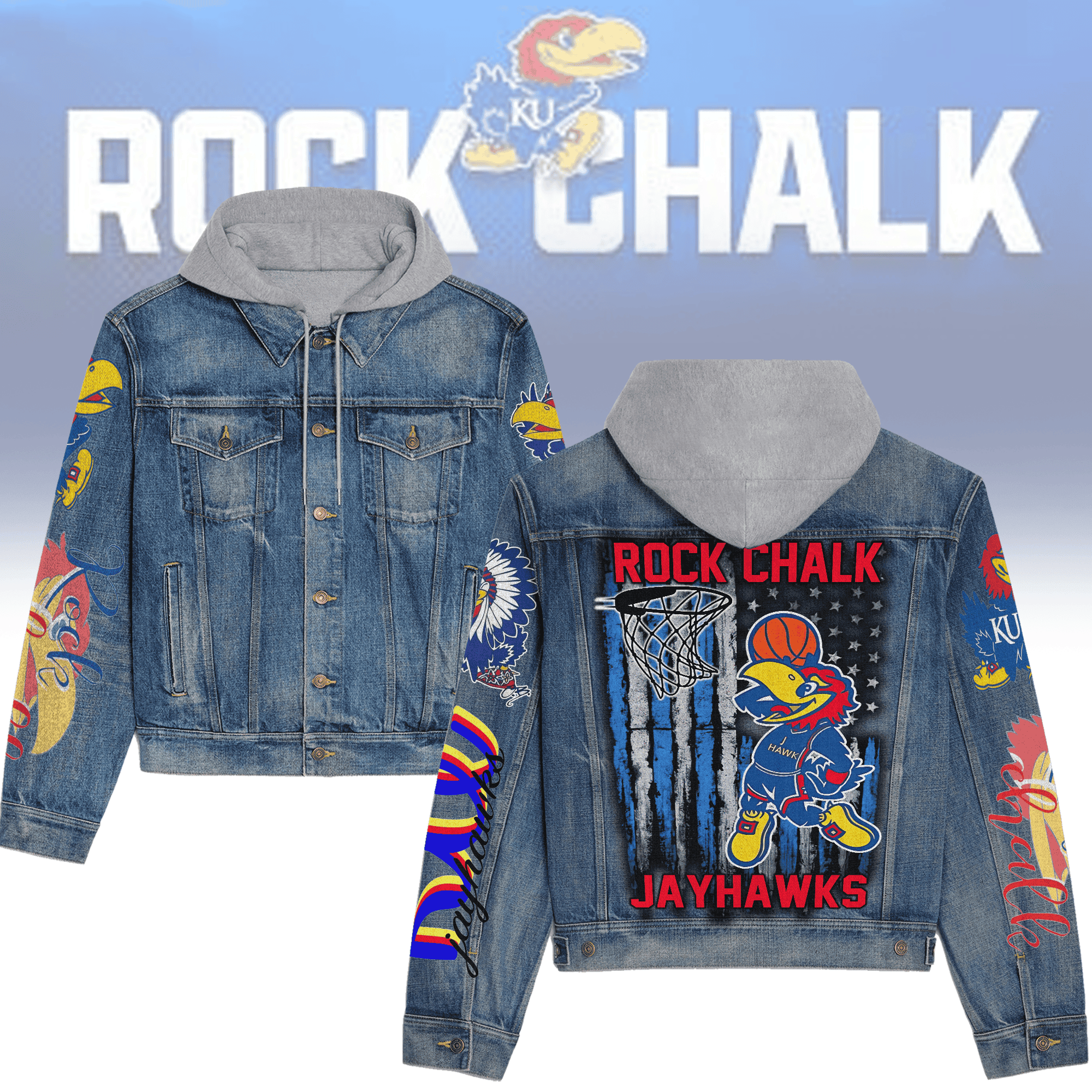 Kansas Jayhawks Premium Casual Fall Hooded Denim Jackets For Men Women