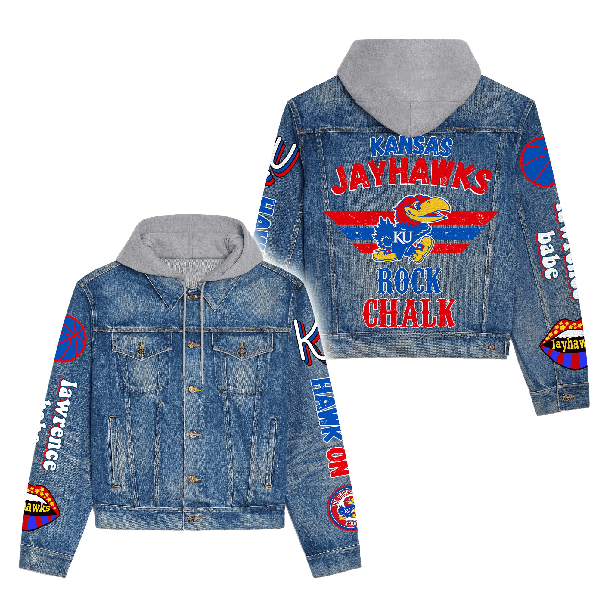 Kansas Jayhawks Premium Hooded Denim Jacket Plus Size Fall Denim Jackets