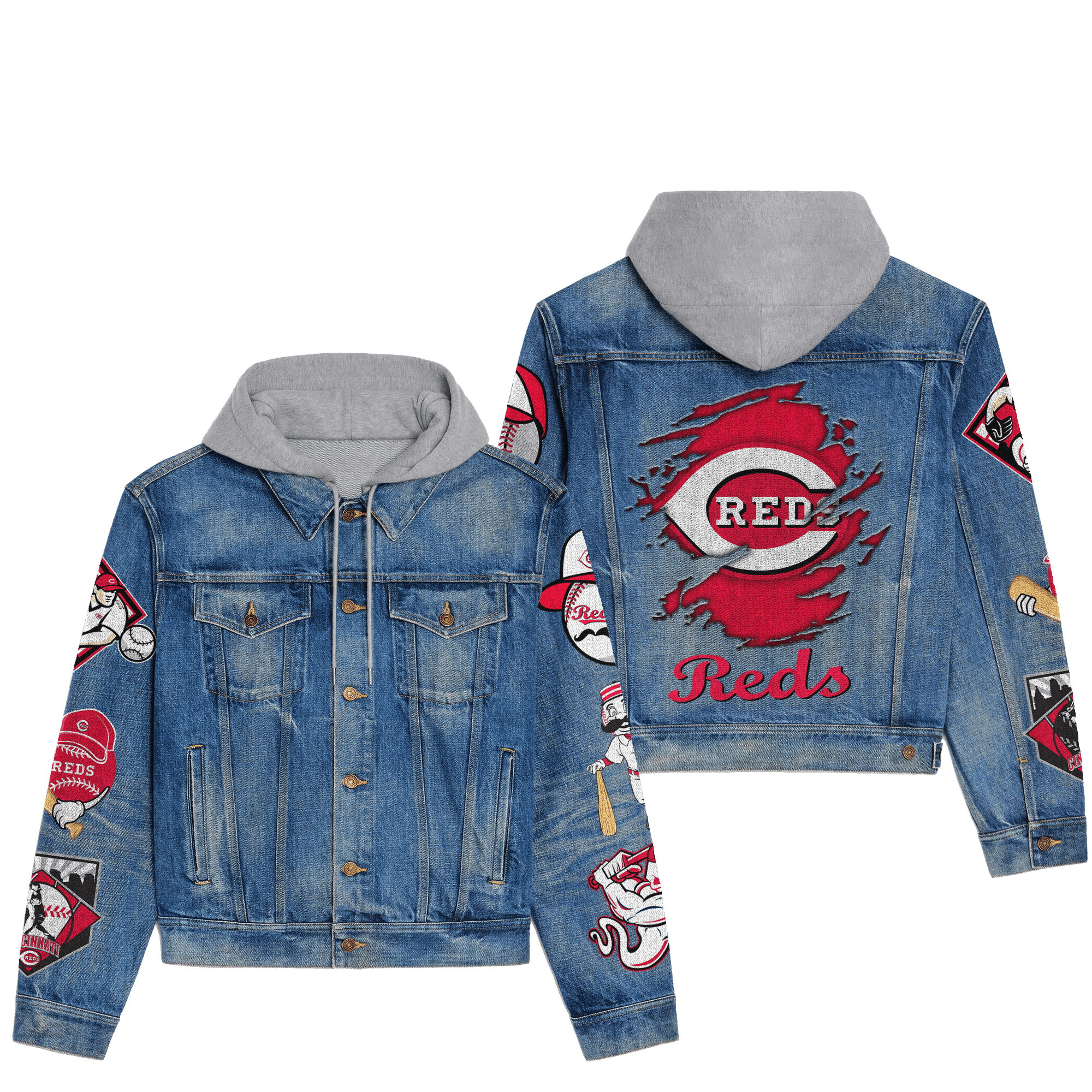 Cincinnati Reds Premium Casual Fall Hooded Denim Jackets For Men Women