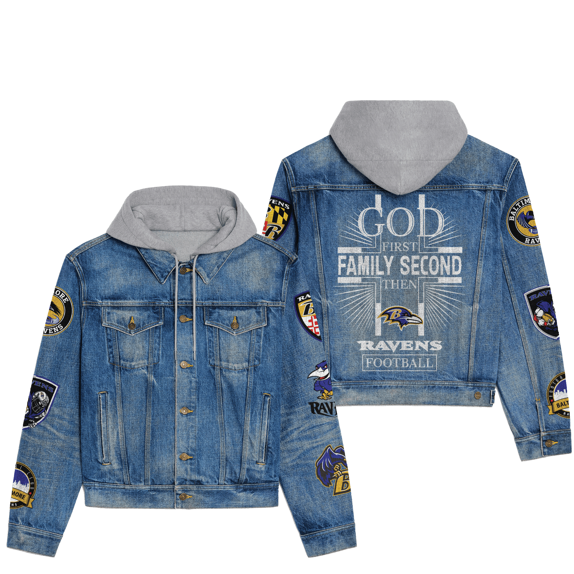 Baltimore Ravens Premium Hooded Denim JacketOversized Streetwear Denim Jacket 2025