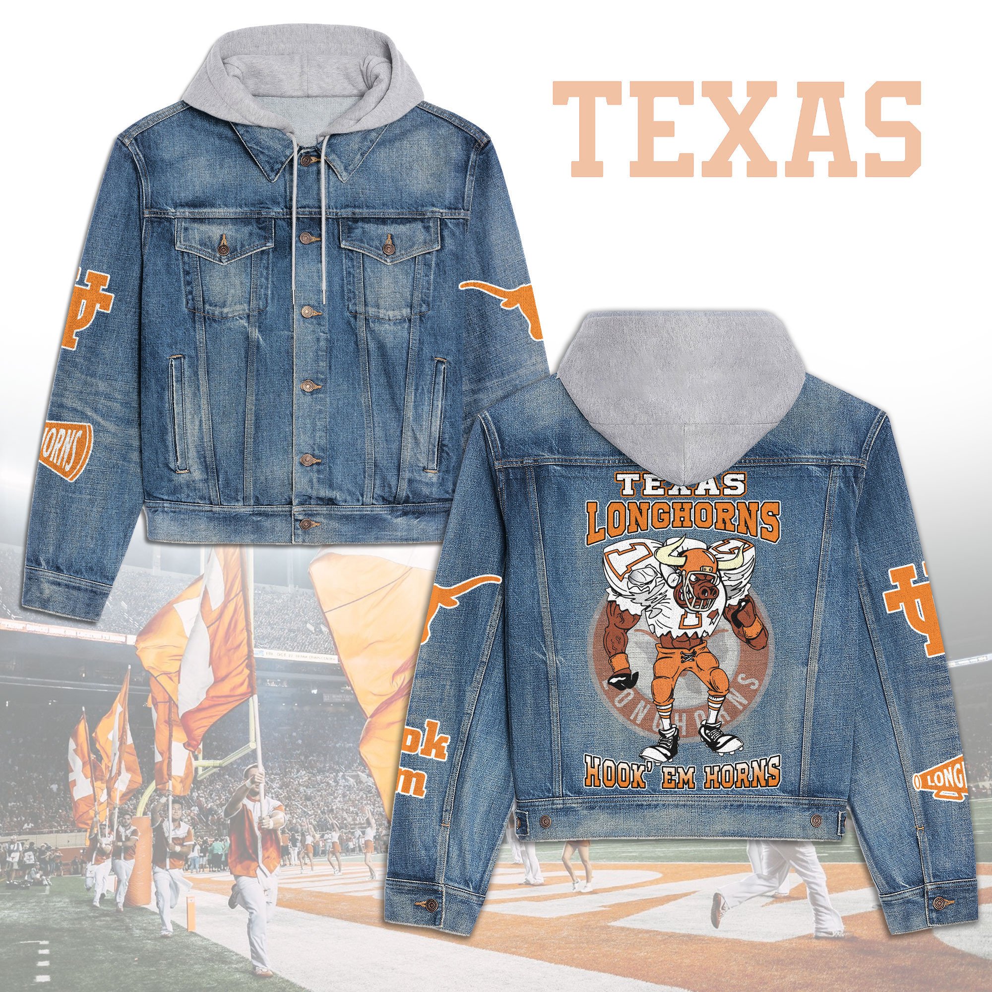 Texas Longhorns Premium Hooded Denim Jacket For Men Women Collection Fall And Winter 2025