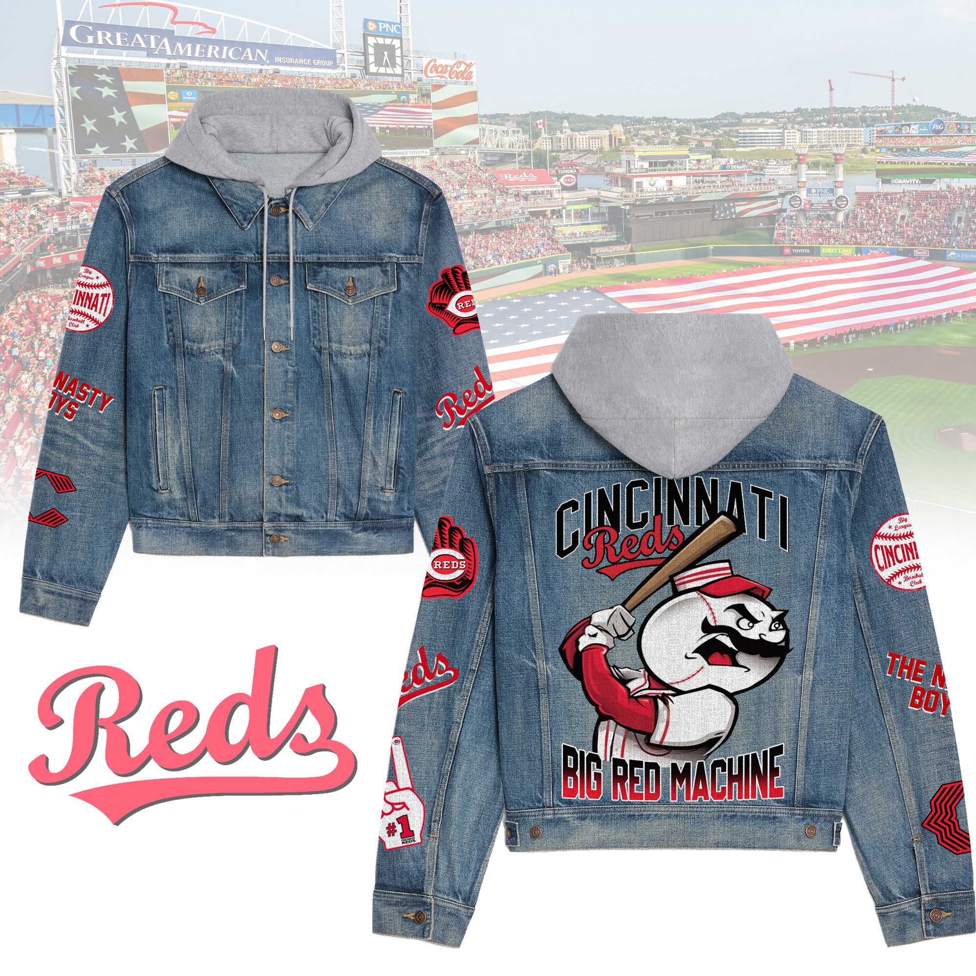 Cincinnati Reds Premium Hooded Denim Jacket For Men Women Collection Fall And Winter 2025