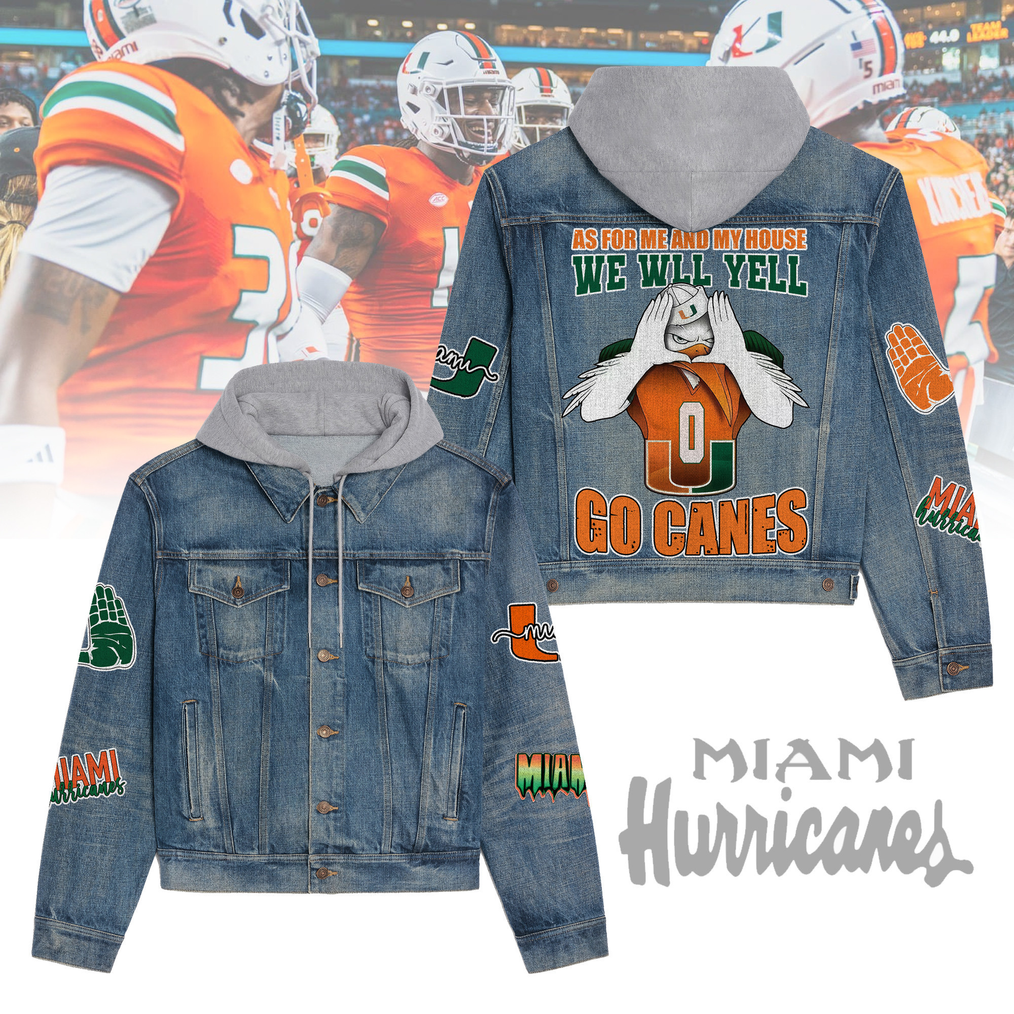 Miami Hurricanes Premium Hooded Denim Jacket  Affordable Fall Denim Jackets 20250