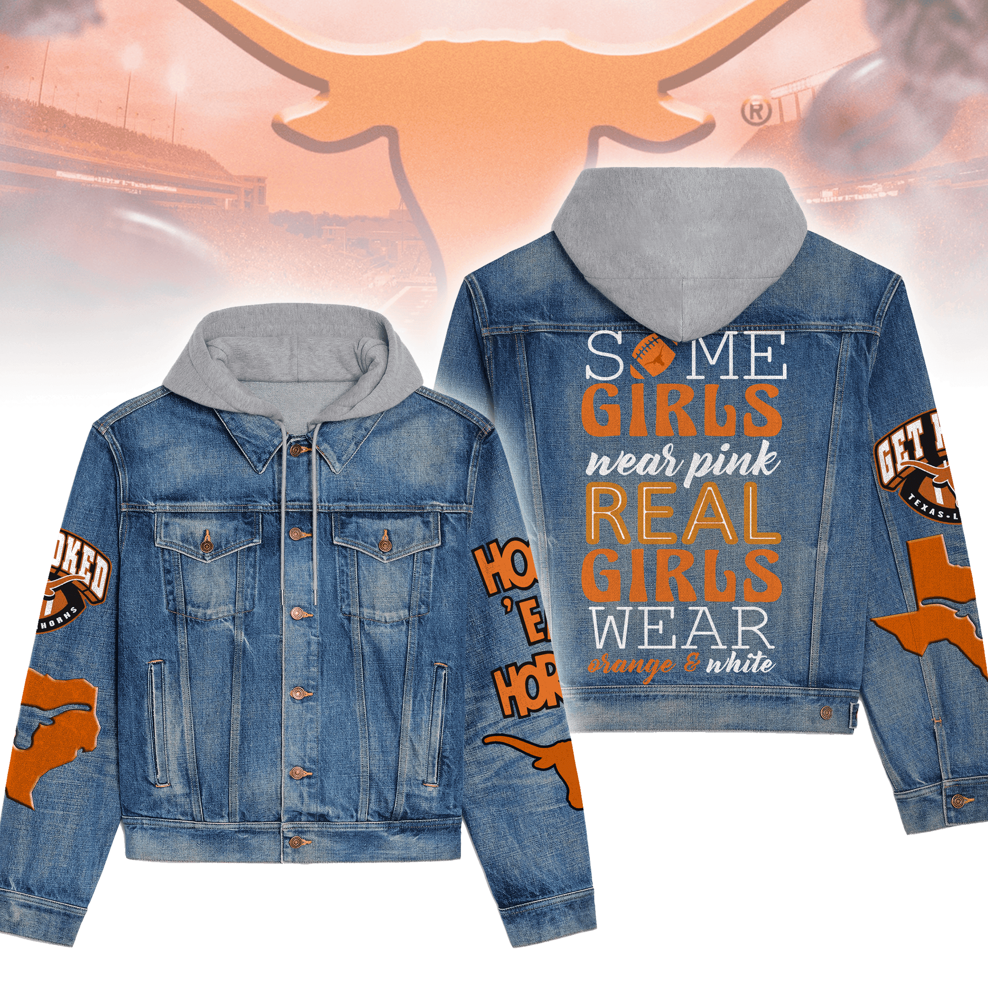 Texas Longhorns Premium Hooded Denim Jacket Plus Size Fall Denim Jackets