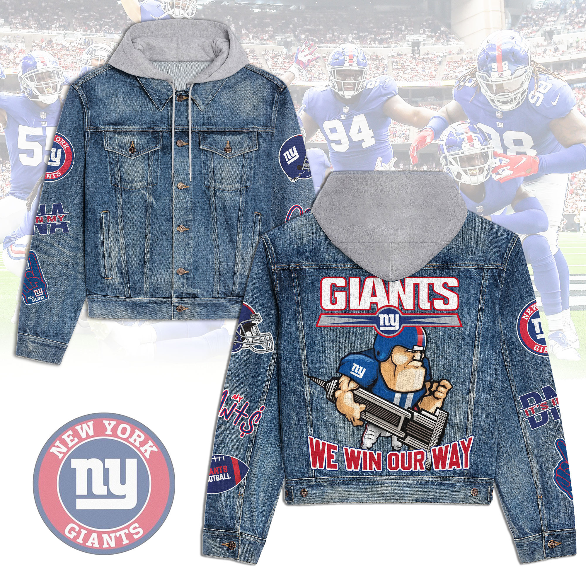 New York Giants Premium Hooded Denim JacketOversized Streetwear Denim Jacket 2025