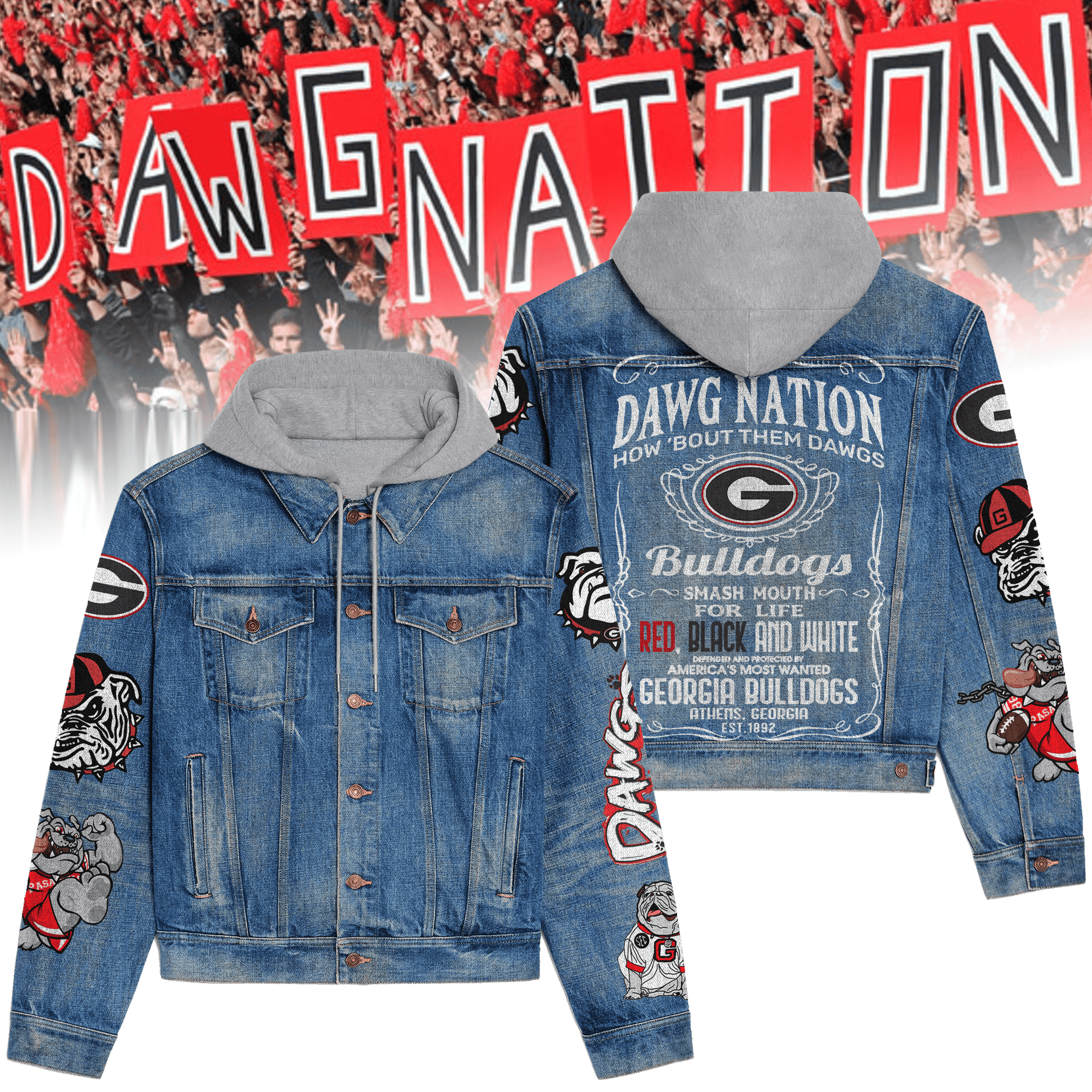 Georgia Bulldogs Premium Hooded Denim Jacket  Stylish Jackets For Cold Weather