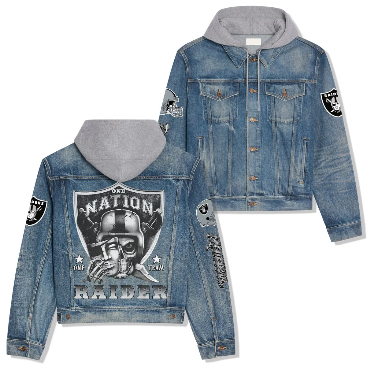 Las Vegas Raiders Premium Hooded Denim Jacket Trendy Fall Denim Outerwear