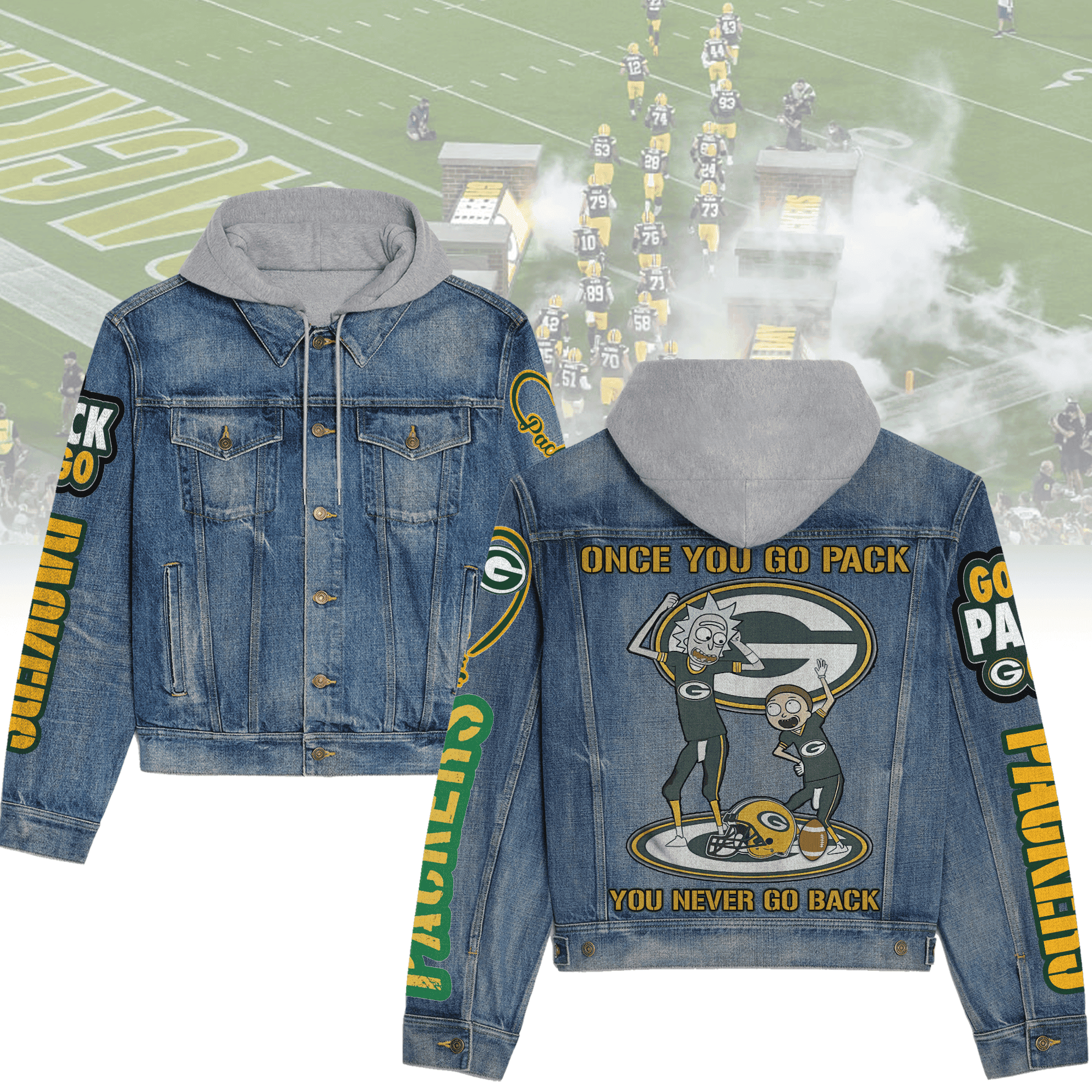 Green Bay Packers Premium Hooded Denim Jacket Streetwear Denim Jacket For Fan