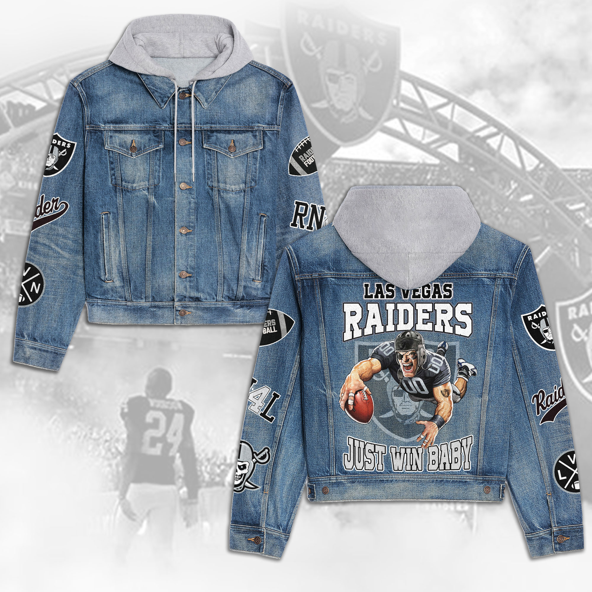 Las Vegas Raiders Premium Hooded Denim Jacket  Stylish Jackets For Cold Weather