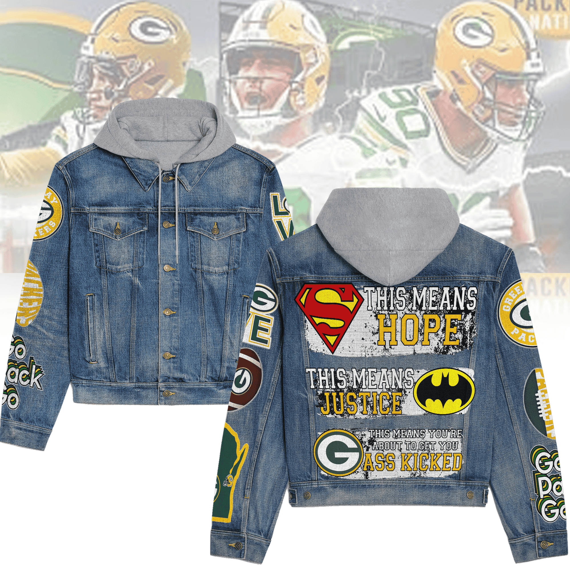 Green Bay Packers Premium Hooded Denim Jacket Stylish Denim Jacket For Cold Days