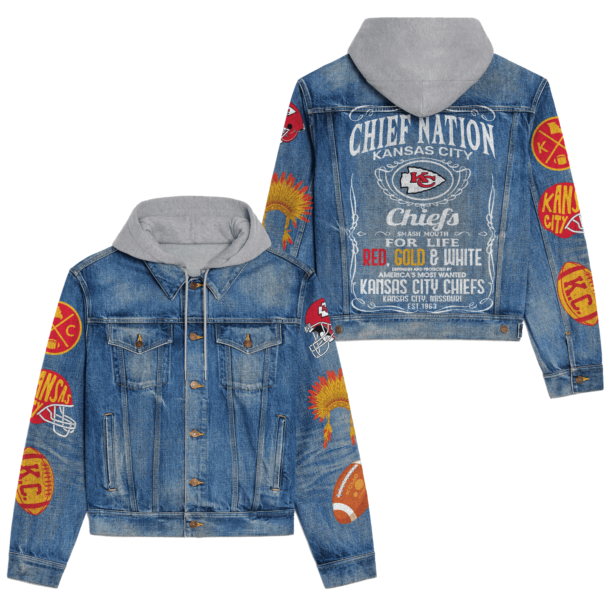 Kansas City Chiefs Premium Hooded Denim Jacket  For Men