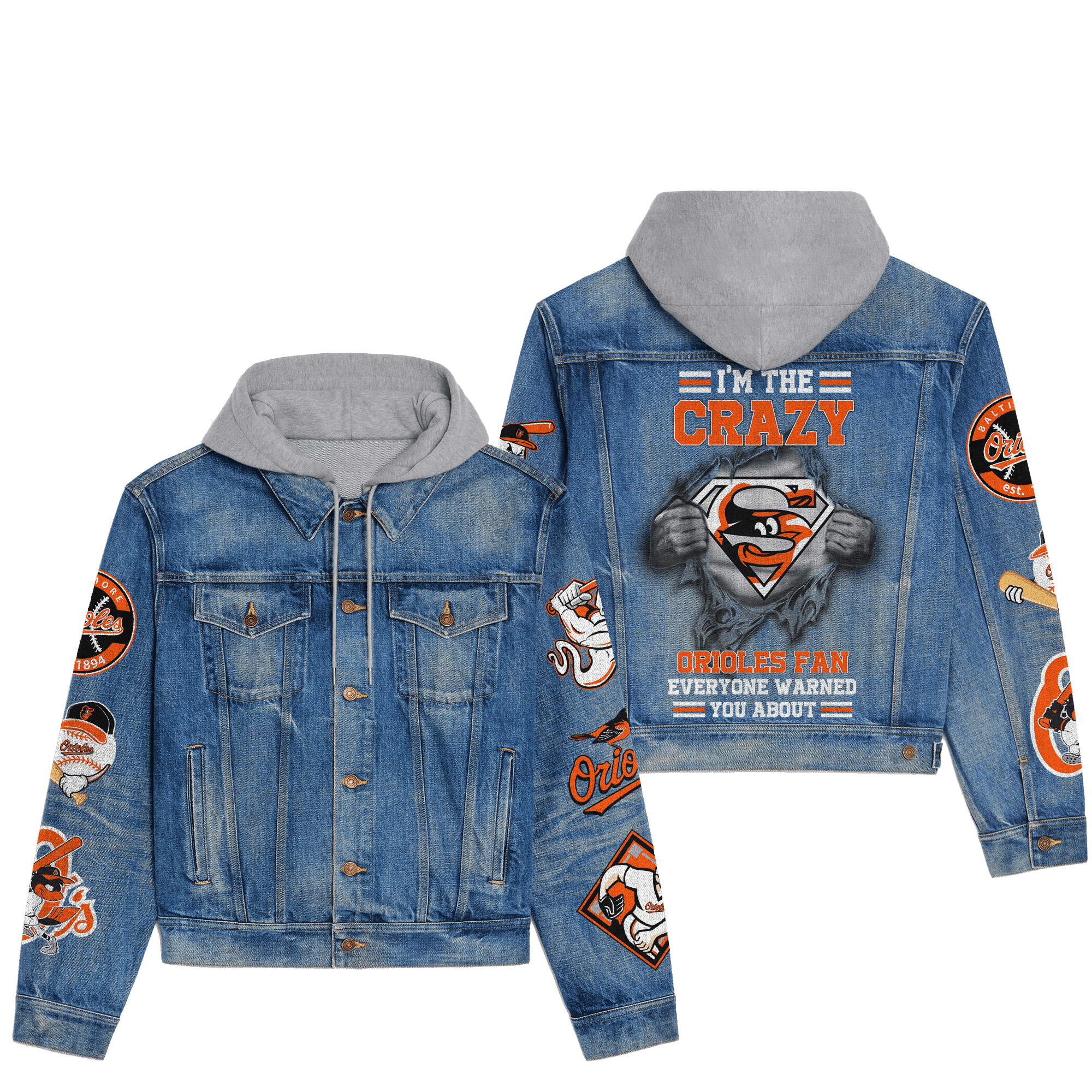 Baltimore Orioles Premium Hooded Denim Jacket  Stylish Jackets For Cold Weather