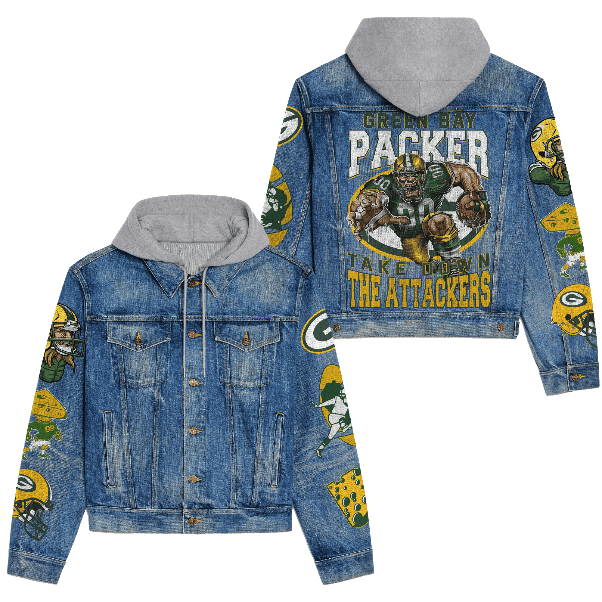 Green Bay Packers Premium Hooded Denim Jacket Trendy Fall Denim Outerwear