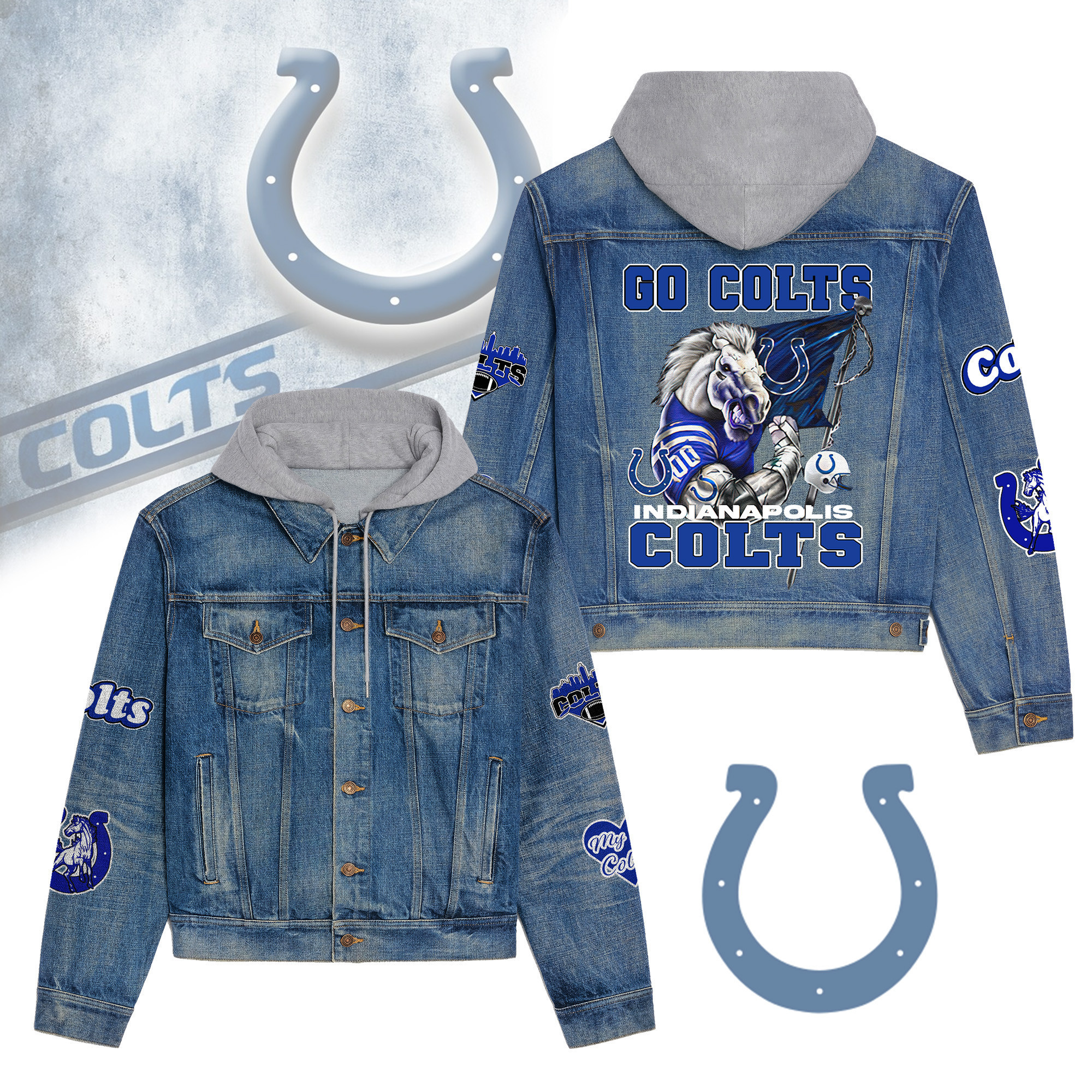 Indianapolis Colts Premium Hooded Denim Jacket  Stylish Jackets For Cold Weather
