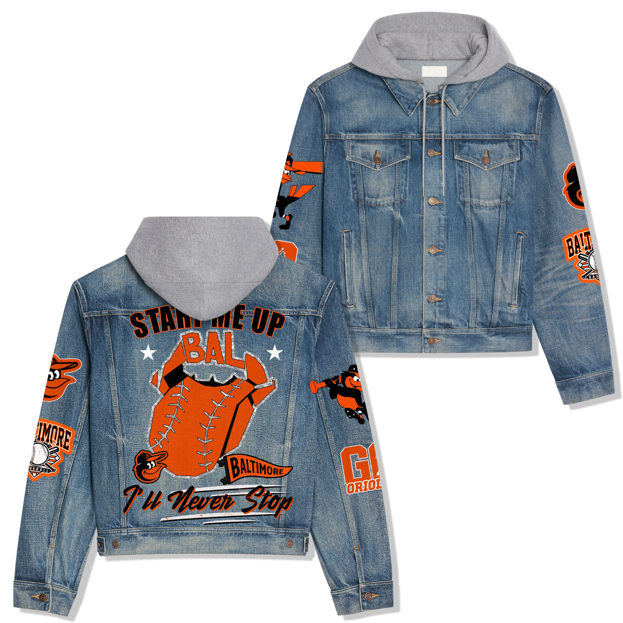 Baltimore Orioles Premium Casual Fall Hooded Denim Jackets For Men Women
