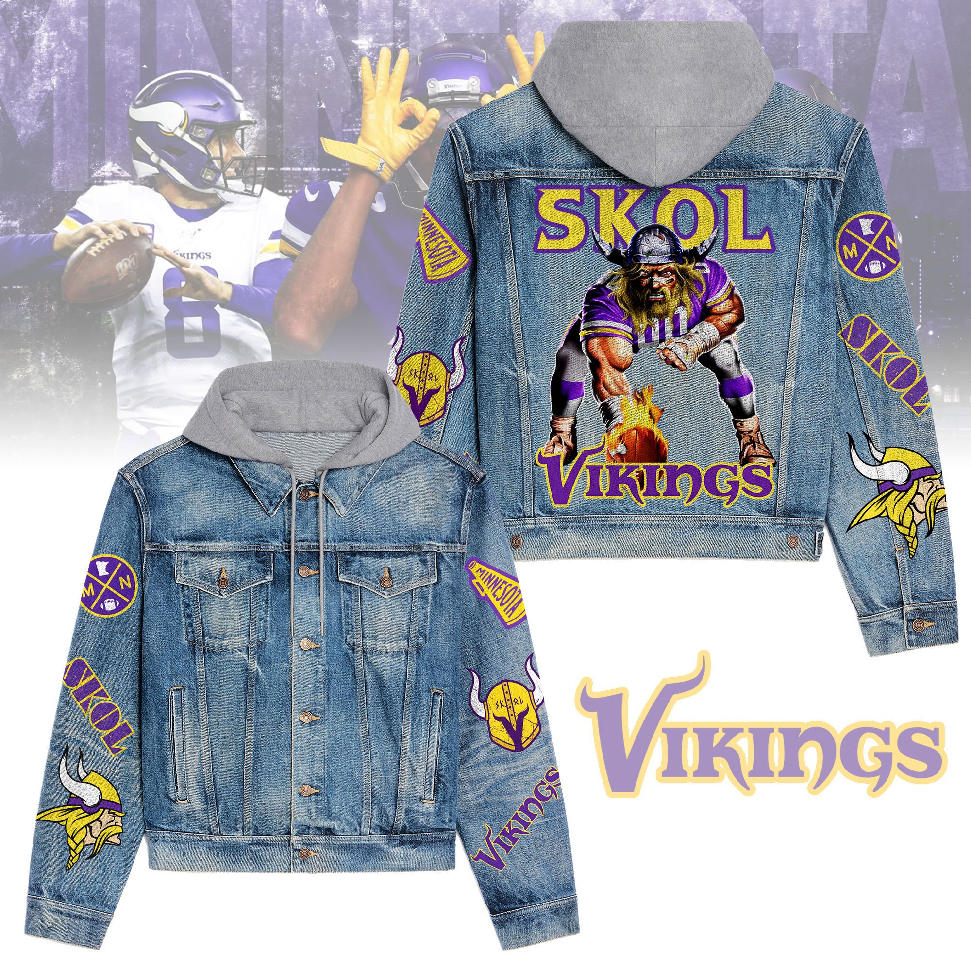Minnesota Vikings Premium Casual Fall Hooded Denim Jackets For Men Women