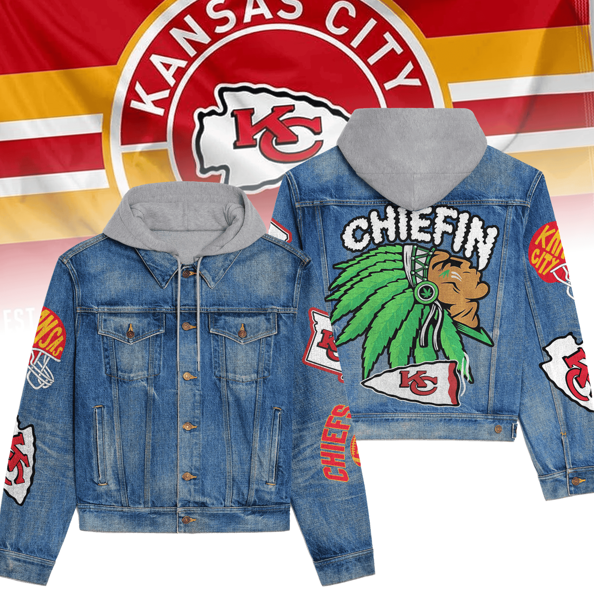 Kansas City Chiefs Premium Hooded Denim Jacket Streetwear Denim Jacket For Fans