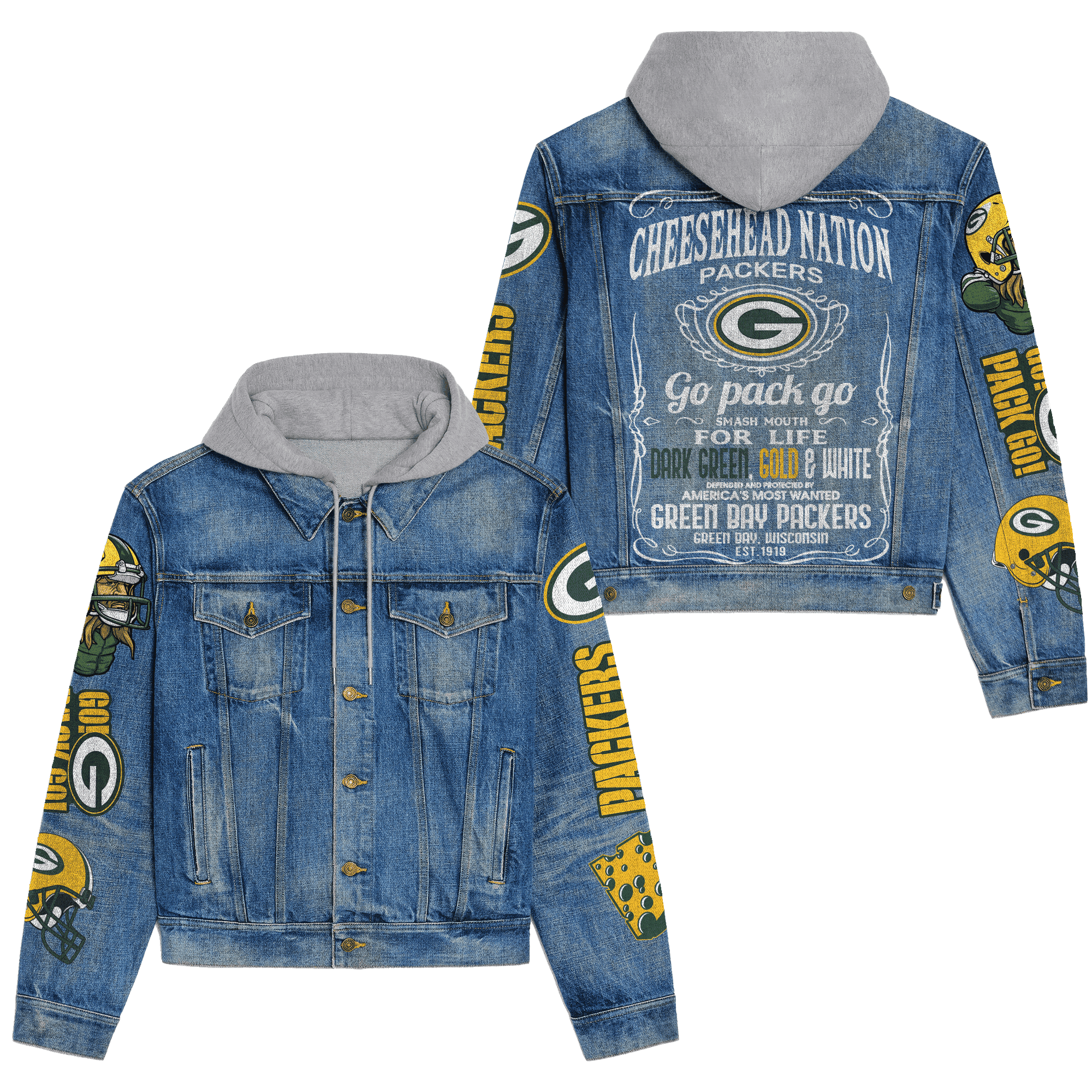 Green Bay Packers Premium Hooded Denim Jacket Best Denim Jacket For Layering
