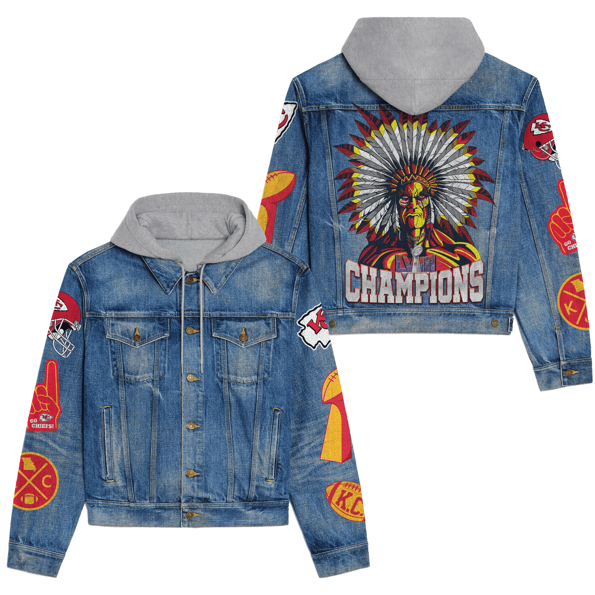 Kansas City Chiefs Premium Hooded Denim Jacket Fall Winter 2025 Jacket For Fan Sport