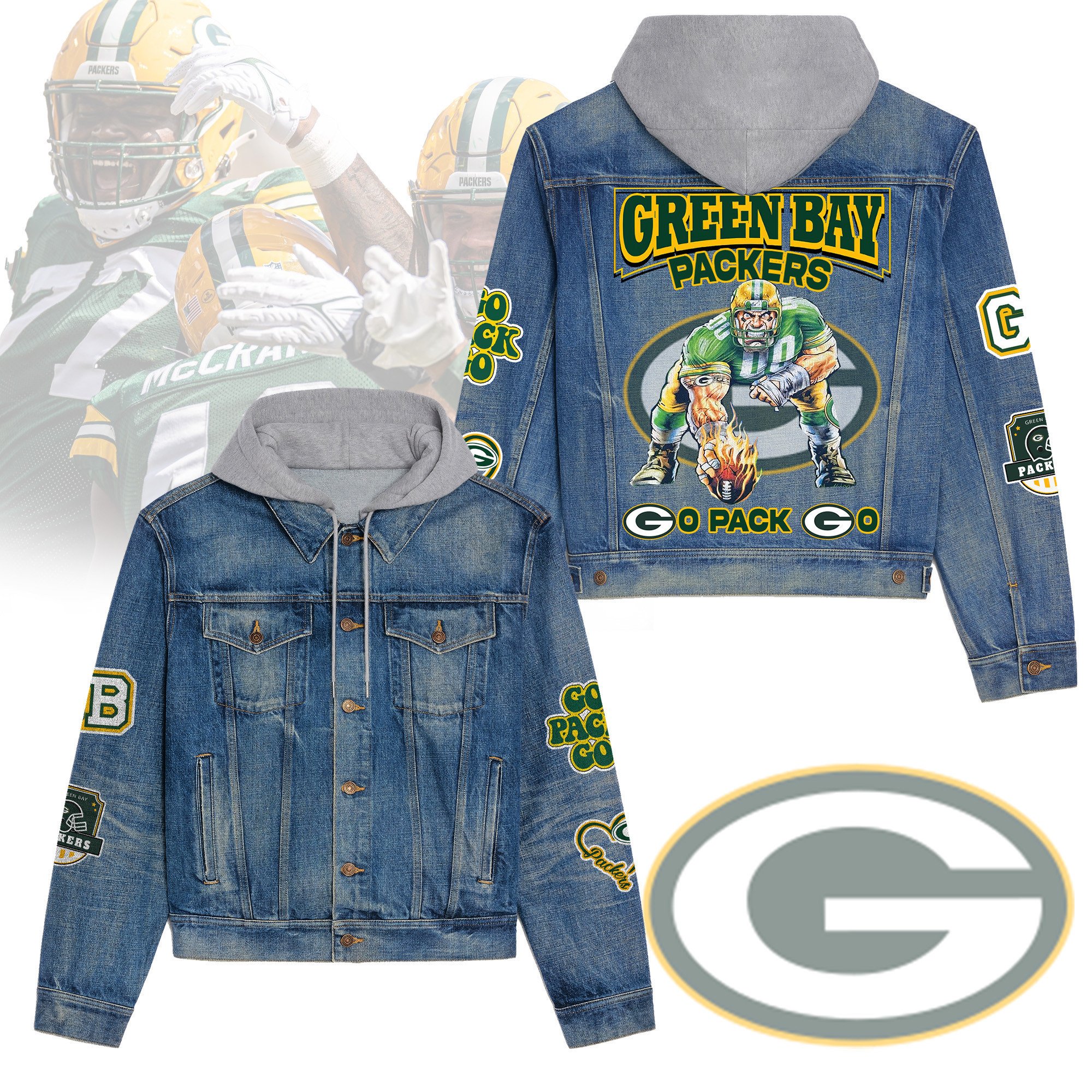 Green Bay Packers Premium Hooded Denim Jacket  Stylish Jackets For Cold Weather