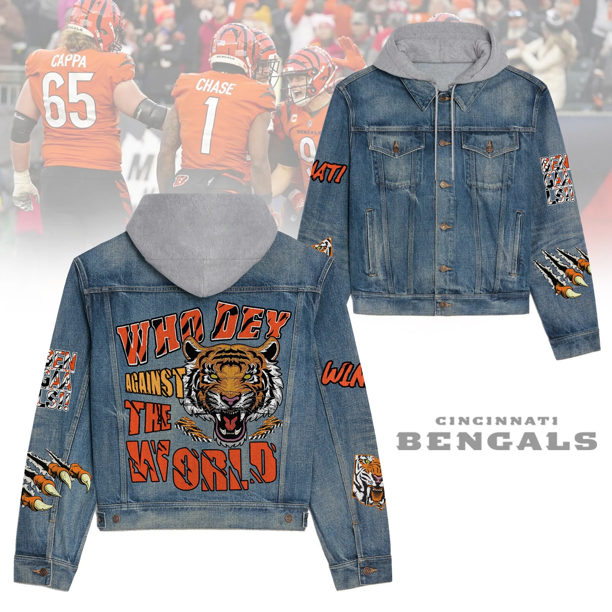 Cincinnati Bengals Premium Hooded Denim Jacket  Stylish Jackets For Cold Weather