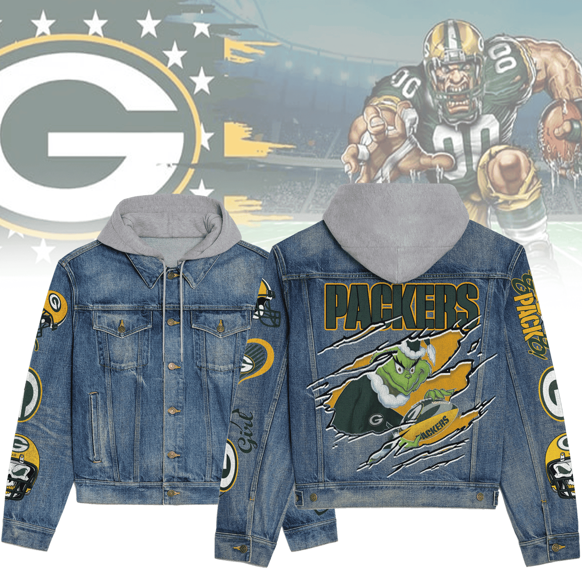 Green Bay Packers Premium Casual Fall Hooded Denim Jackets For Men Women