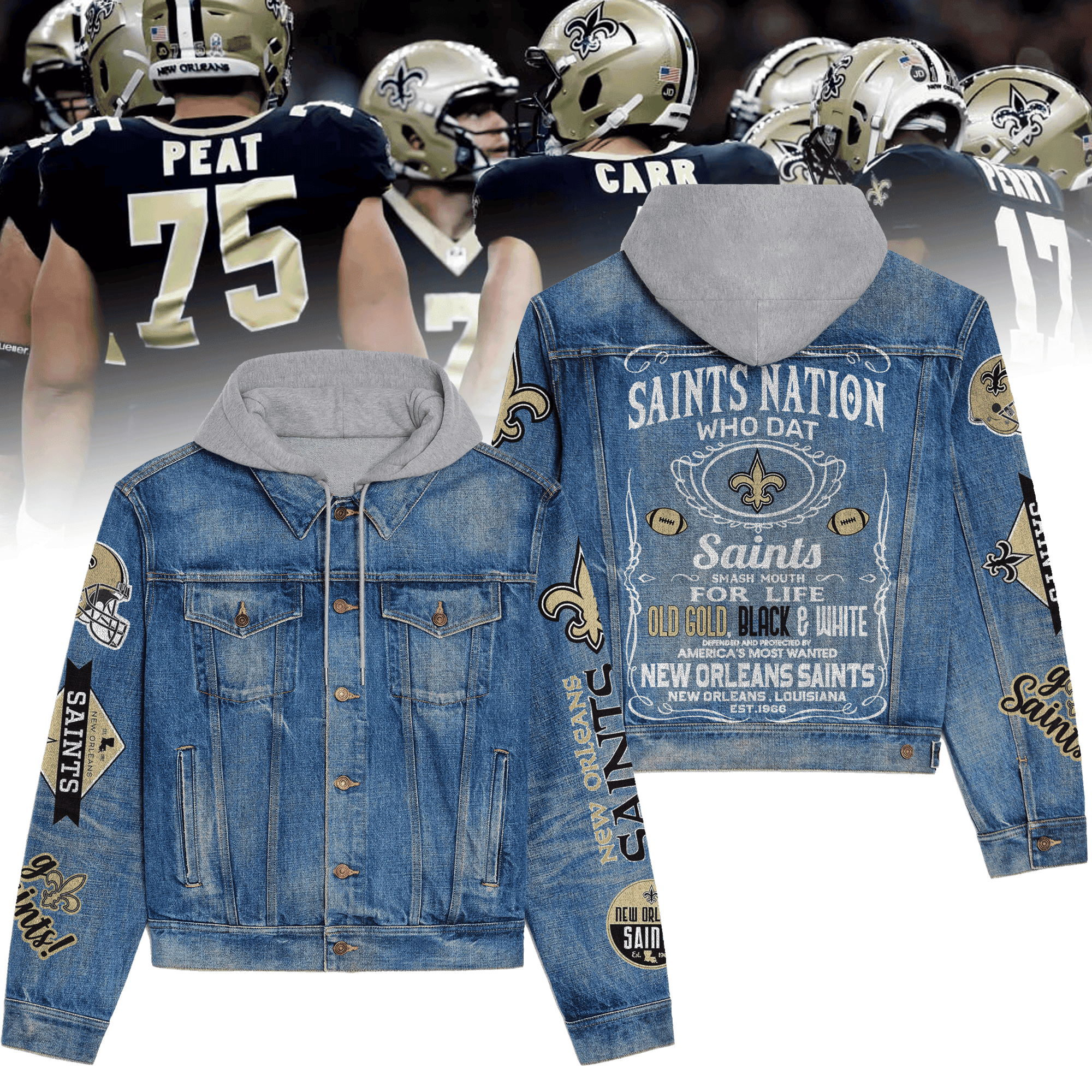 New Orleans Saints Premium Hooded Denim Jacket  Stylish Jackets For Cold Weather
