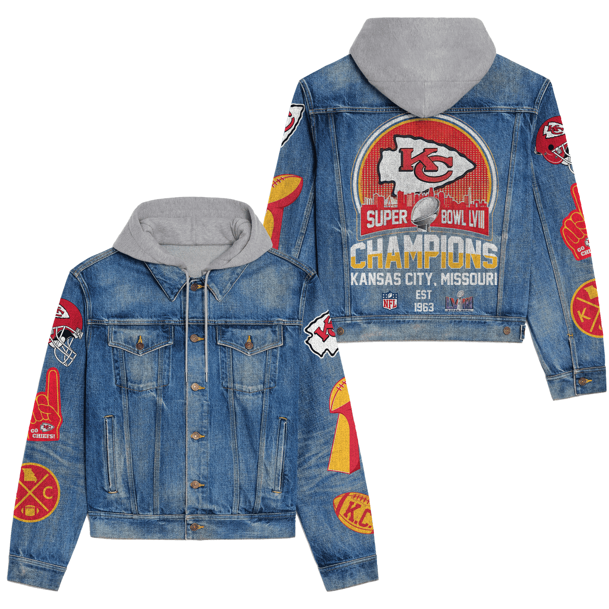 Kansas City Chiefs Premium Hooded Denim Jacket  For Sports Fan