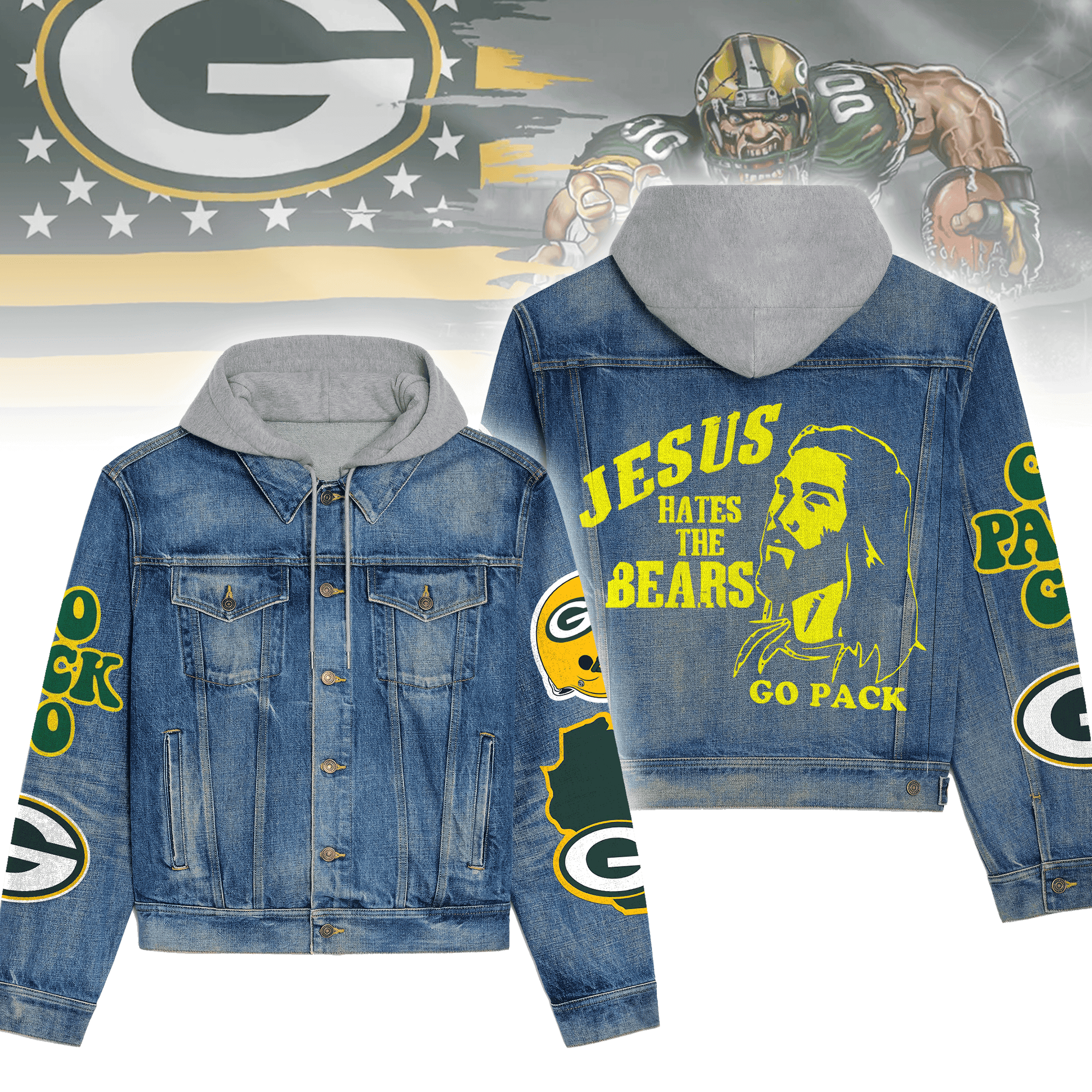 Green Bay Packers Premium Hooded Denim Jacket Fall Winter 2025 Jacket For Men Women