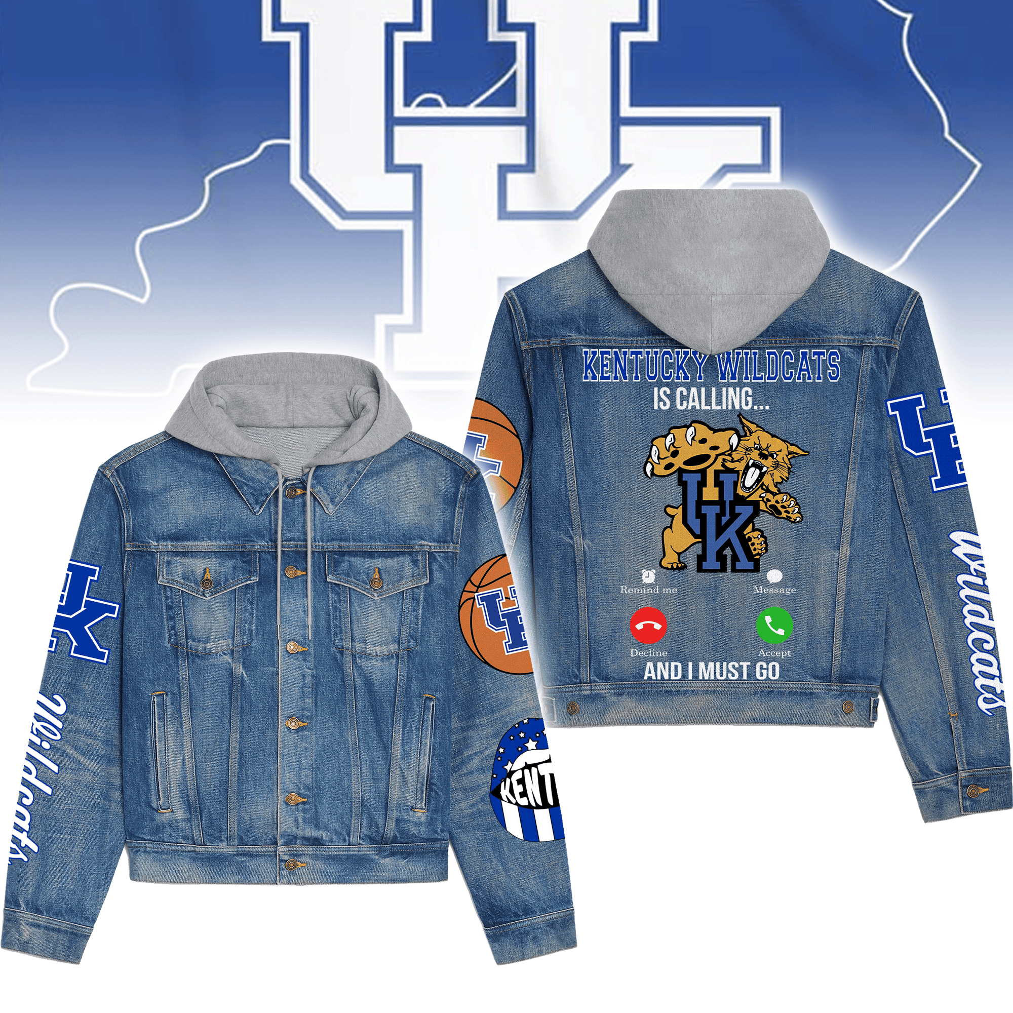 Kentucky Wildcats Premium Hooded Denim Jacket Trendy Fall Denim Outerwear