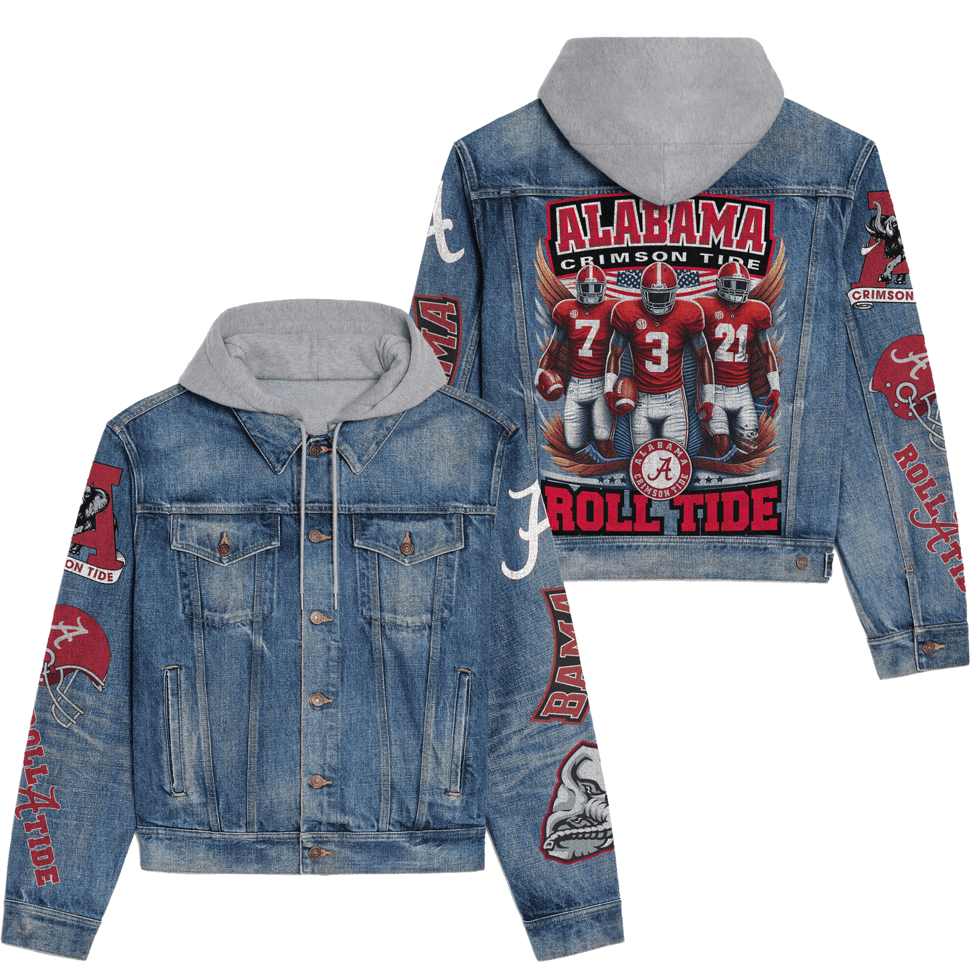 Abama Crimson Tide Premium Hooded Denim Jacket Stylish Denim Jacket For Cold Days