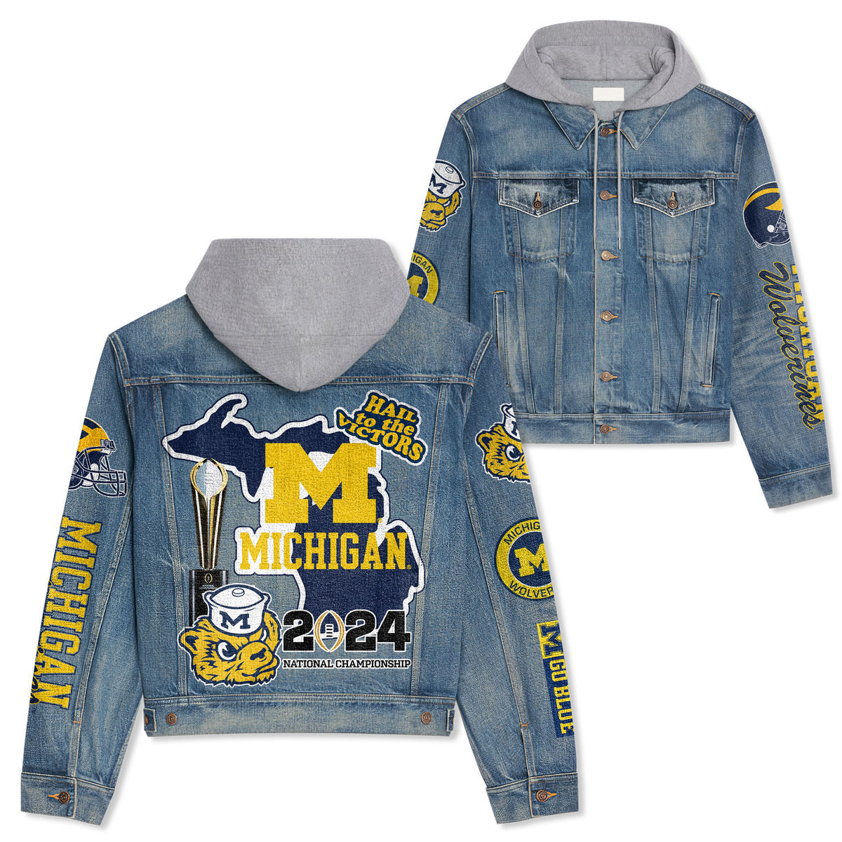 Michigan Wolverines Premium Casual Fall Hooded Denim Jackets For Men Women