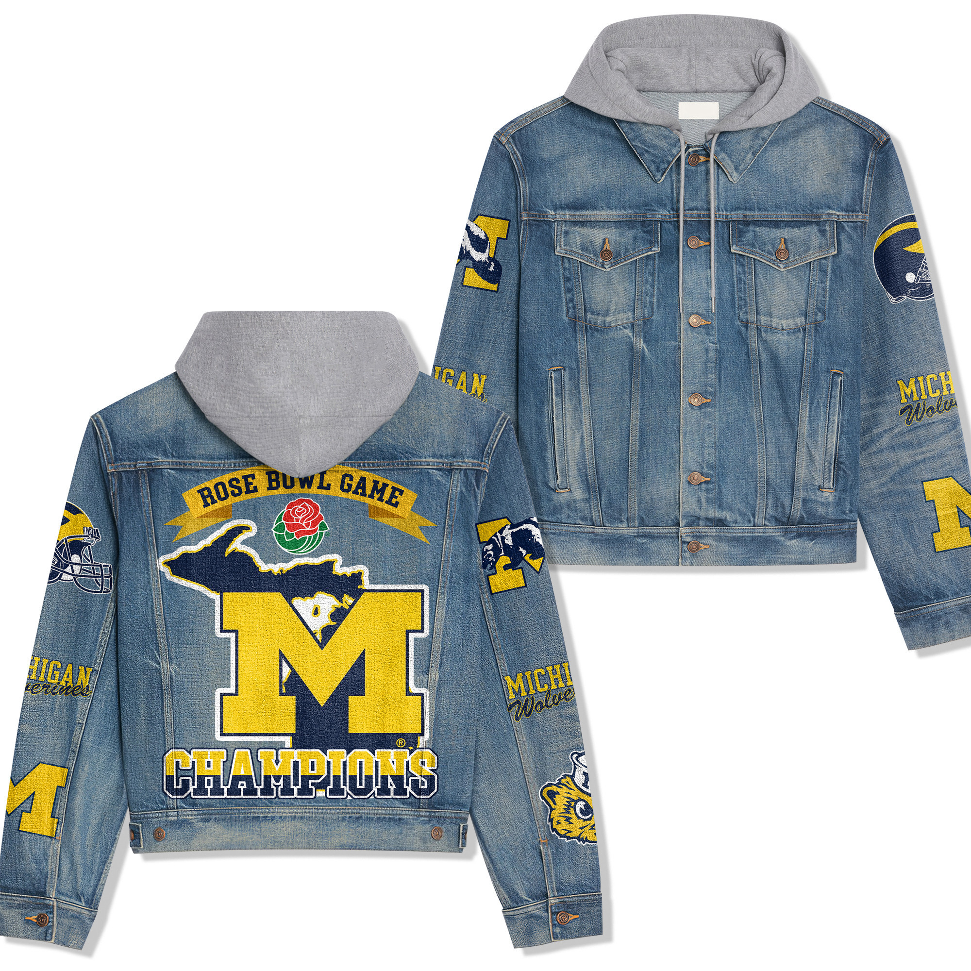 Michigan Wolverines Premium Hooded Denim Jacket Fall Winter 2025 Jacket For Men Women