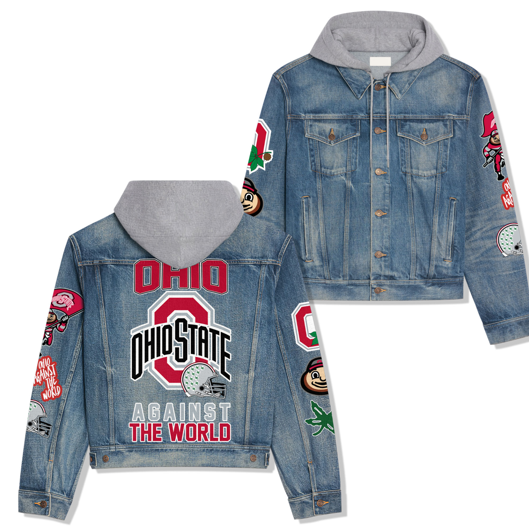 Ohio State Buckeyes Premium Hooded Denim Jacket Trendy Fall Denim Outerwear