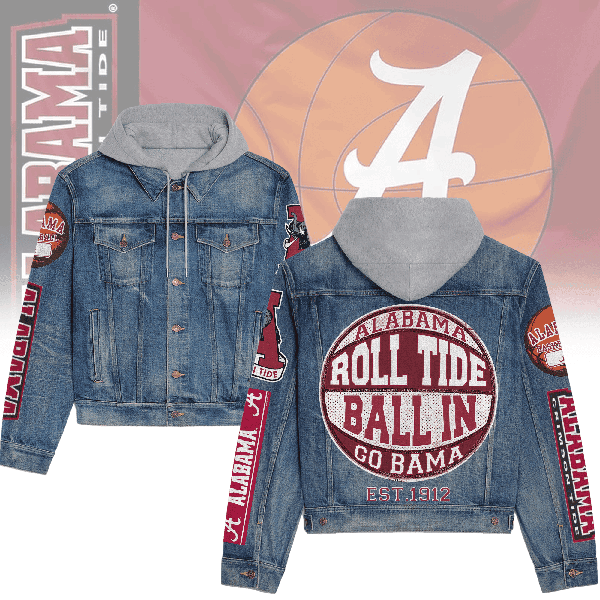Abama Crimson Tide Premium Hooded Denim Jacket  For Men