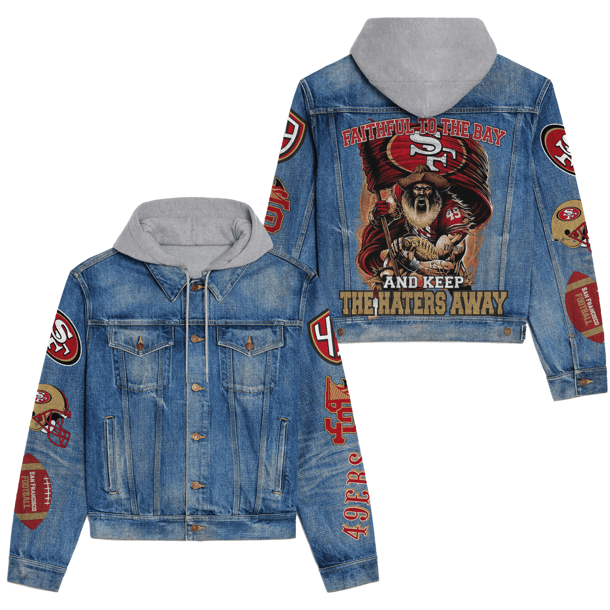 San Francisco 49Ers Premium Hooded Denim Jacket  For Men Women