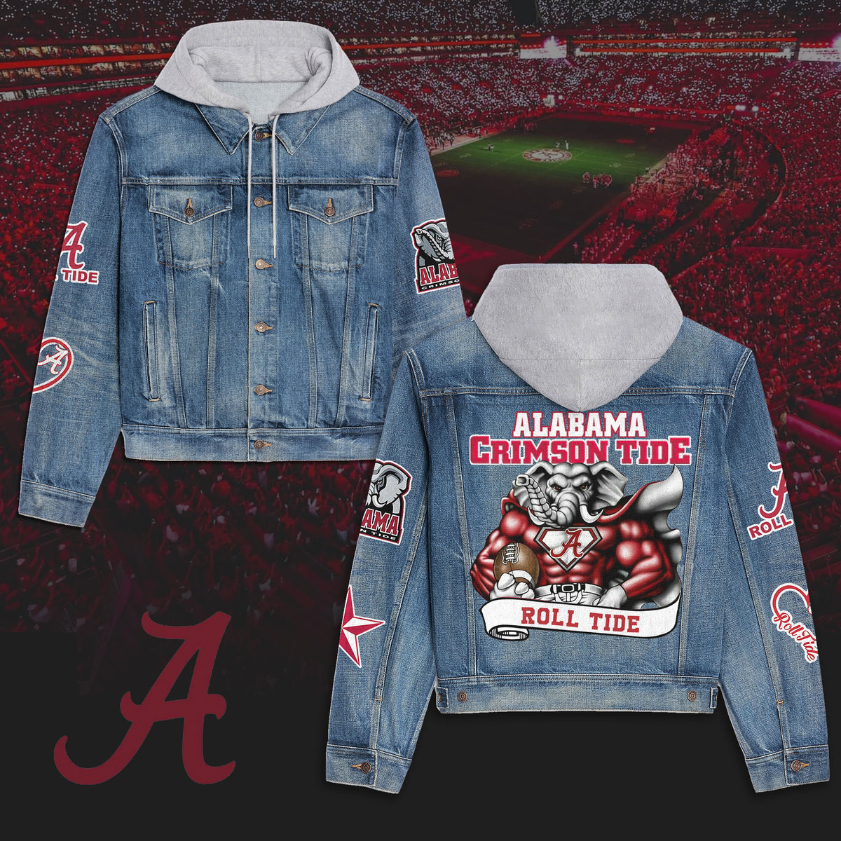 Abama Crimson Tide Premium Hooded Denim Jacket  Stylish Jackets For Cold Weather