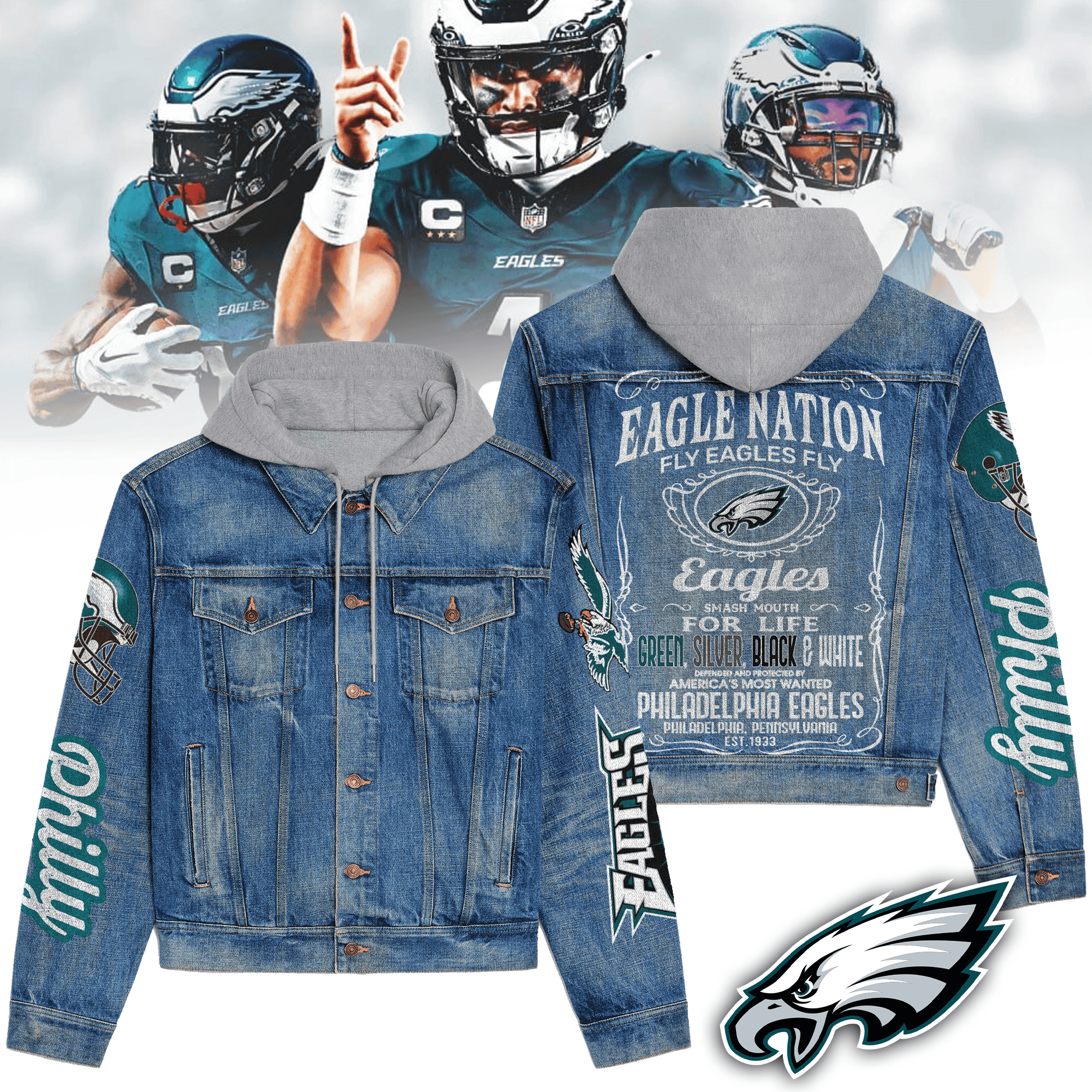 Philadelphia Eagles Premium Hooded Denim Jacket Stylish Denim Jacket For Cold Days