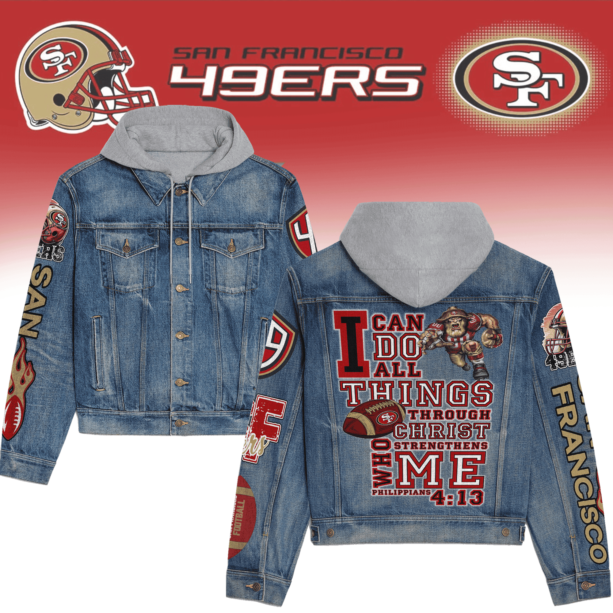 San Francisco 49Ers Premium Hooded Denim Jacket Best Denim Jacket For Layering