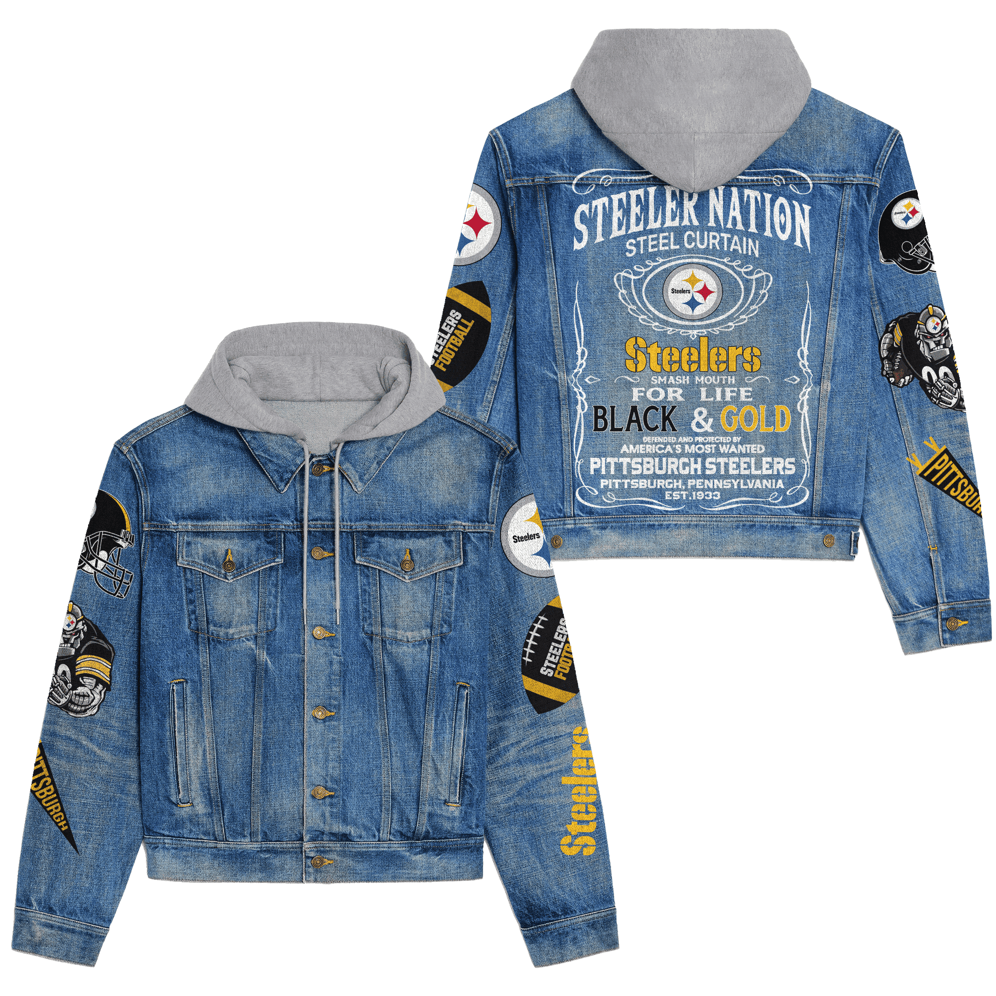 Pittsburgh Steelers Premium Hooded Denim Jacket  Stylish Jackets For Cold Weather