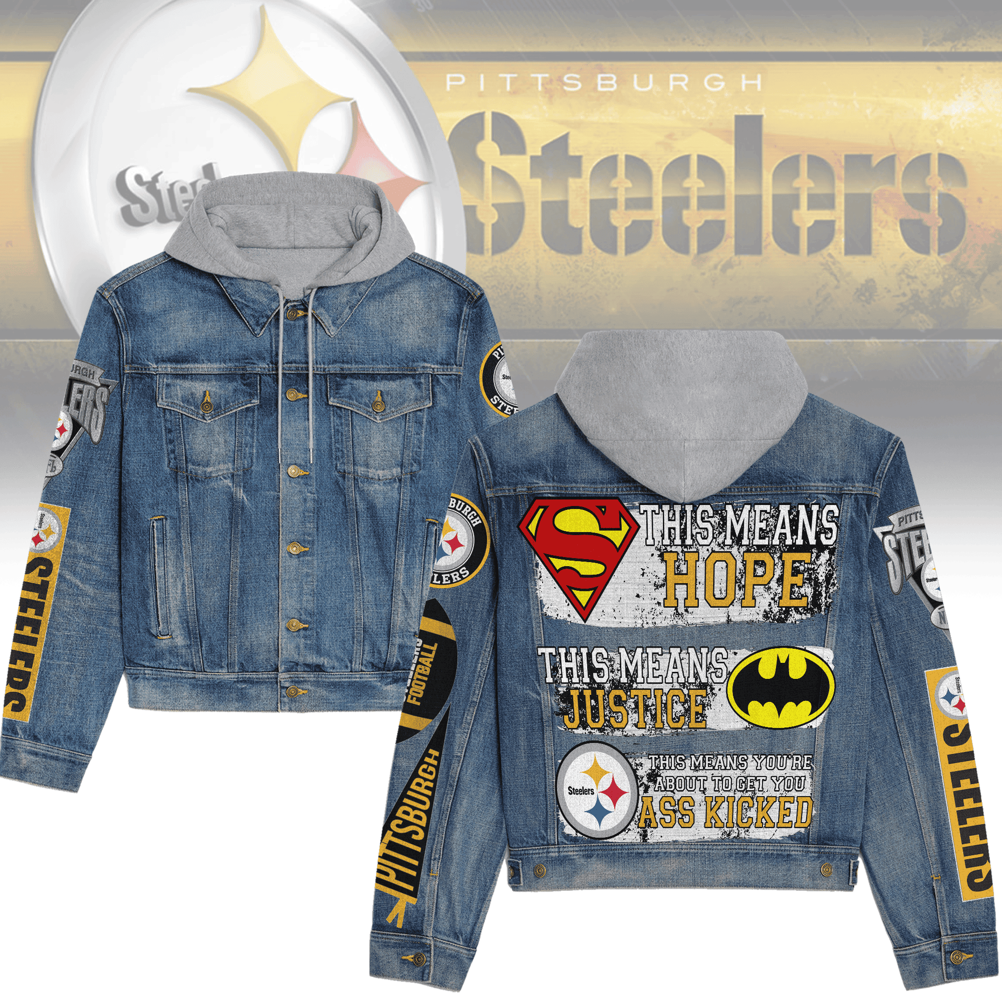 Pittsburgh Steelers Premium Hooded Denim Jacket Streetwear Denim Jacket For Fan
