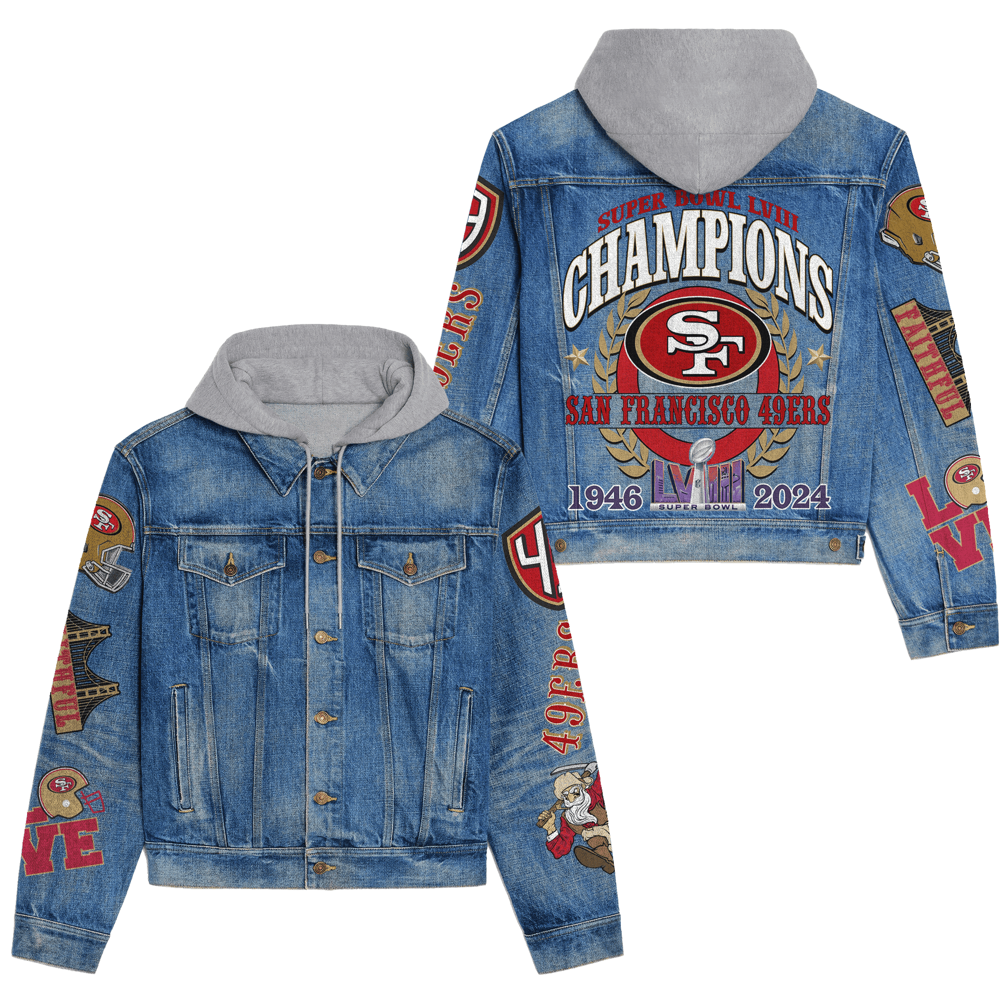San Francisco 49Ers Premium Hooded Denim Jacket Streetwear Denim Jacket For Fan